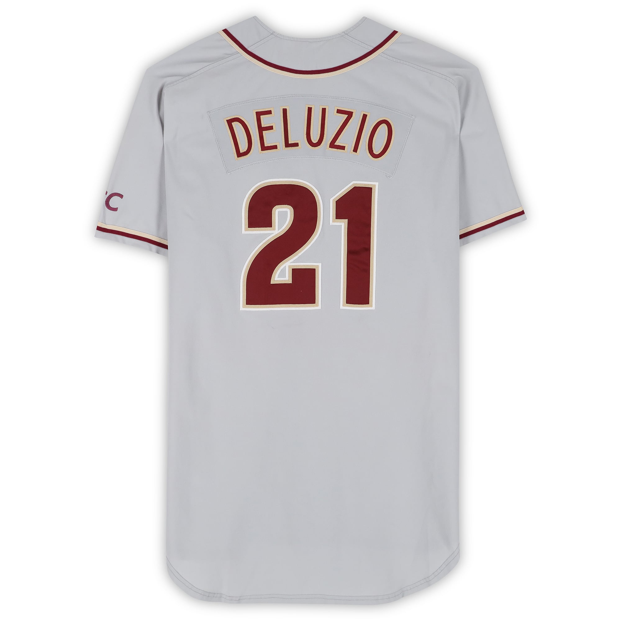 Maillot gris n° 21 de Ben Deluzio, joueur des Seminoles de l'Université d'État de Floride (taille 50), porté par le programme de baseball