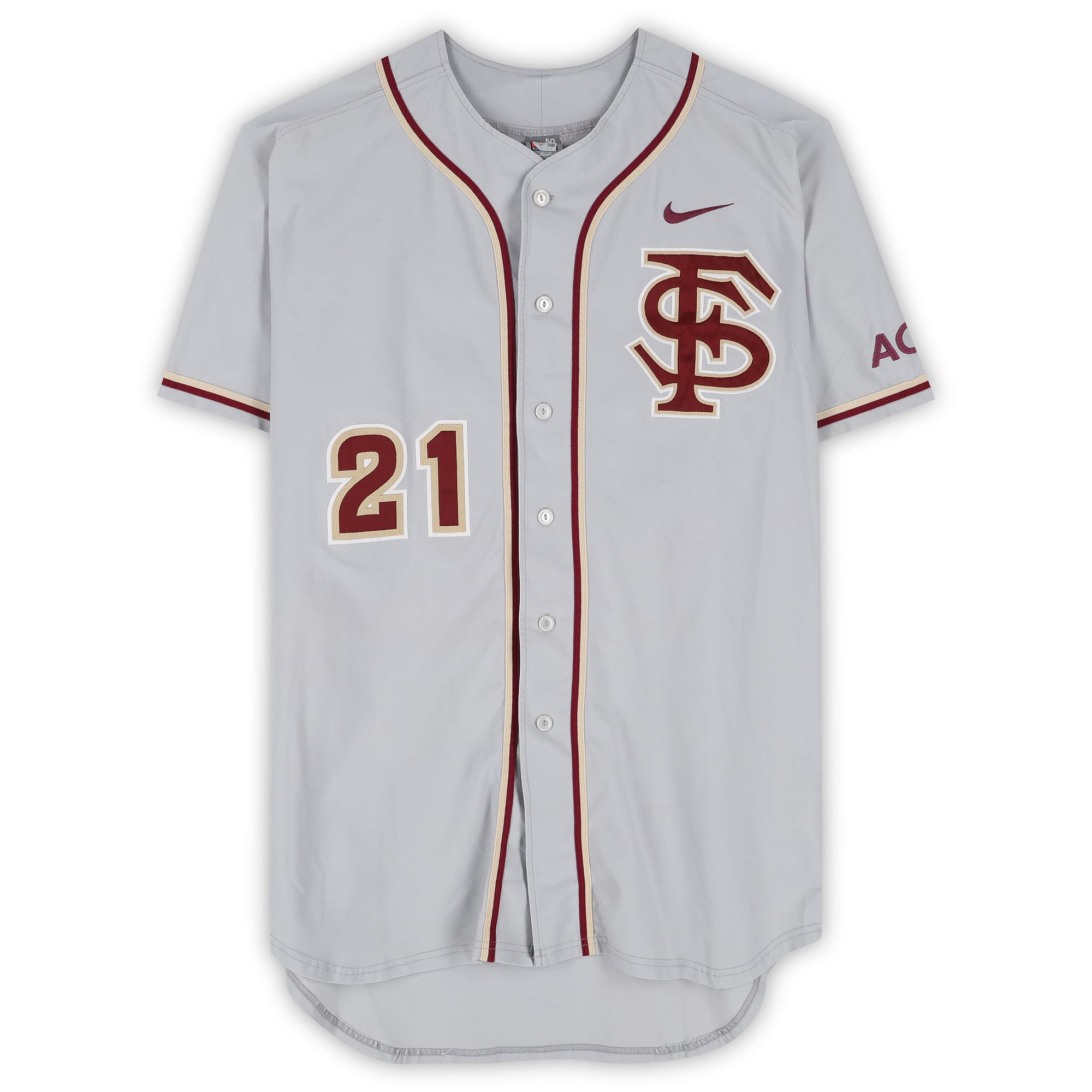 Maillot gris n° 21 de Ben Deluzio, joueur des Seminoles de l'Université d'État de Floride (taille 50), porté par le programme de baseball