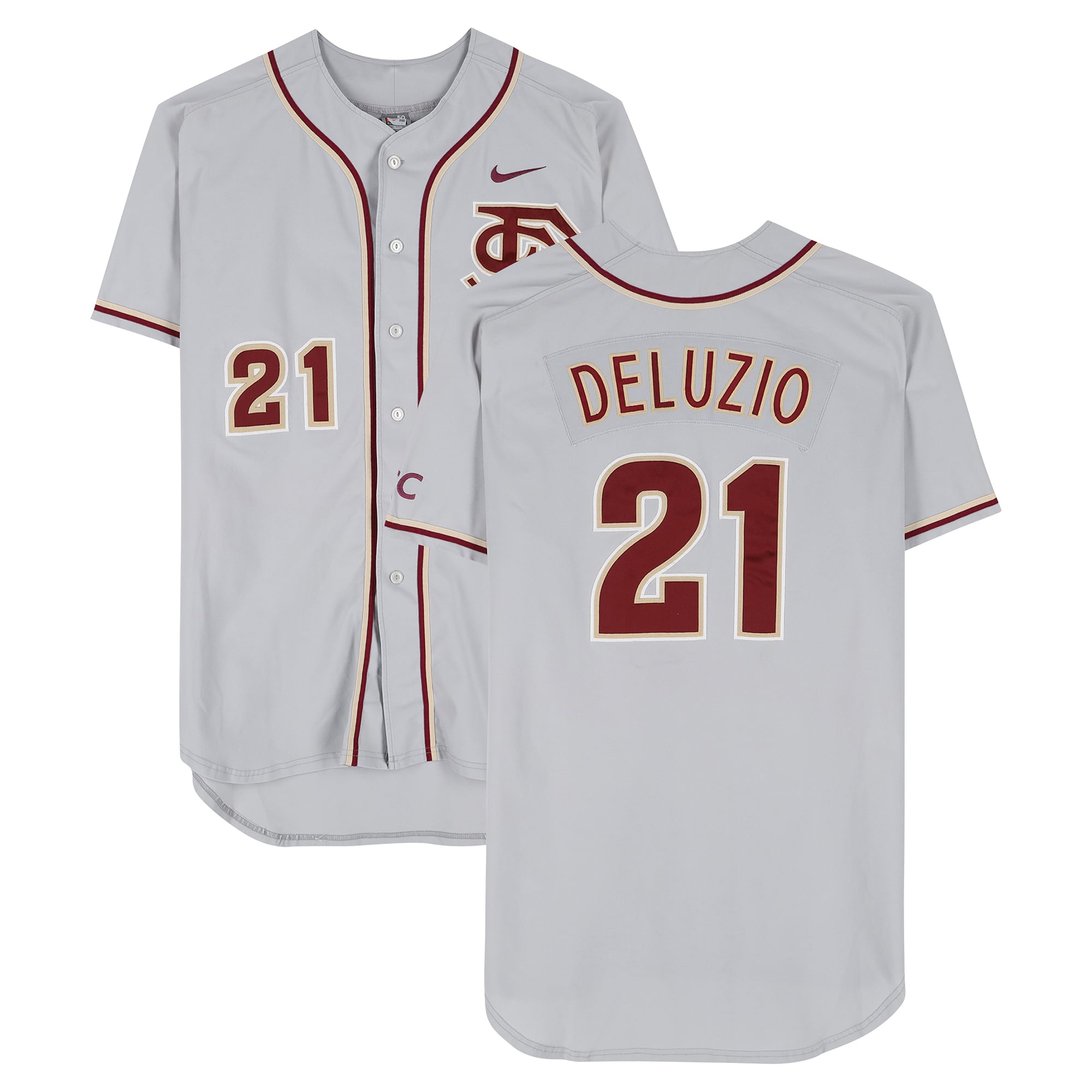 Maillot gris n° 21 de Ben Deluzio, joueur des Seminoles de l'Université d'État de Floride (taille 50), porté par le programme de baseball