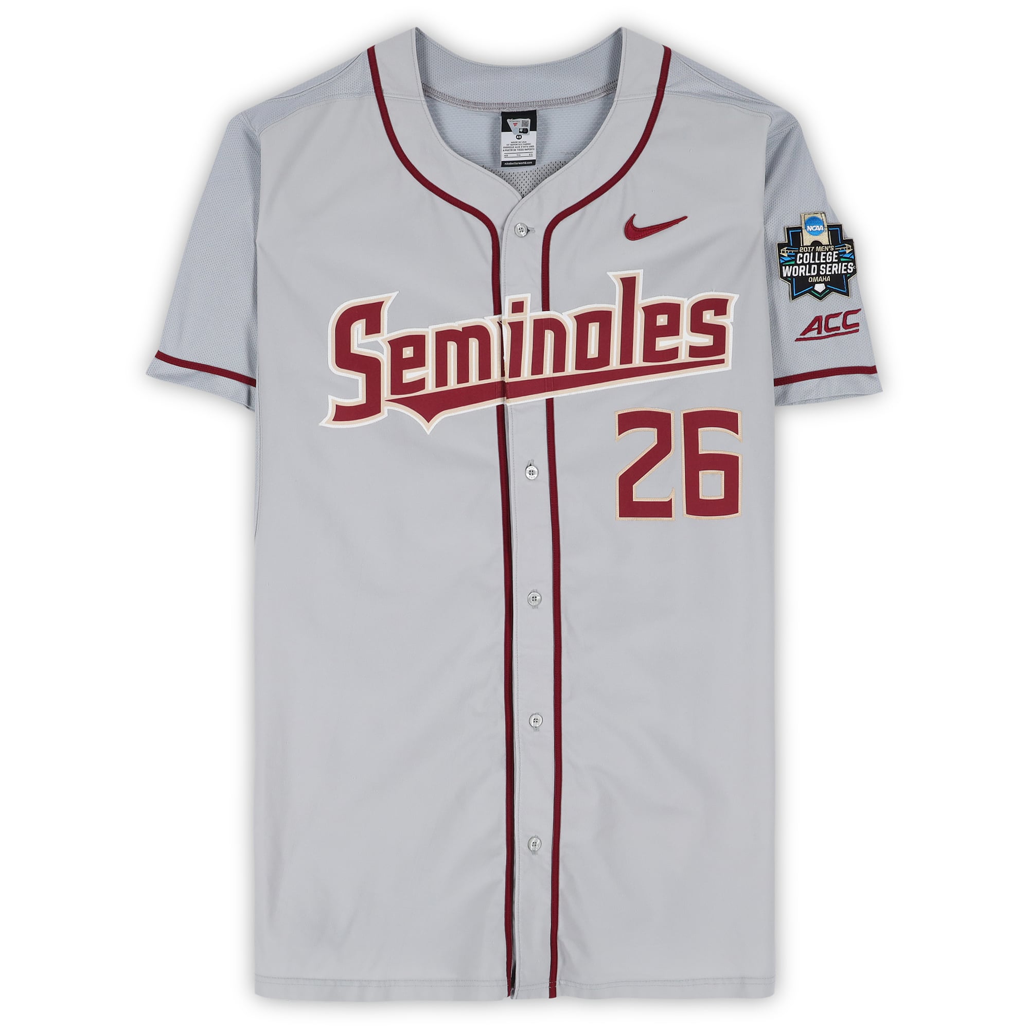 Cole Sands Florida State Seminoles Player-Issued #26 Gray Jersey from the 2017 College World Series - Size 48
