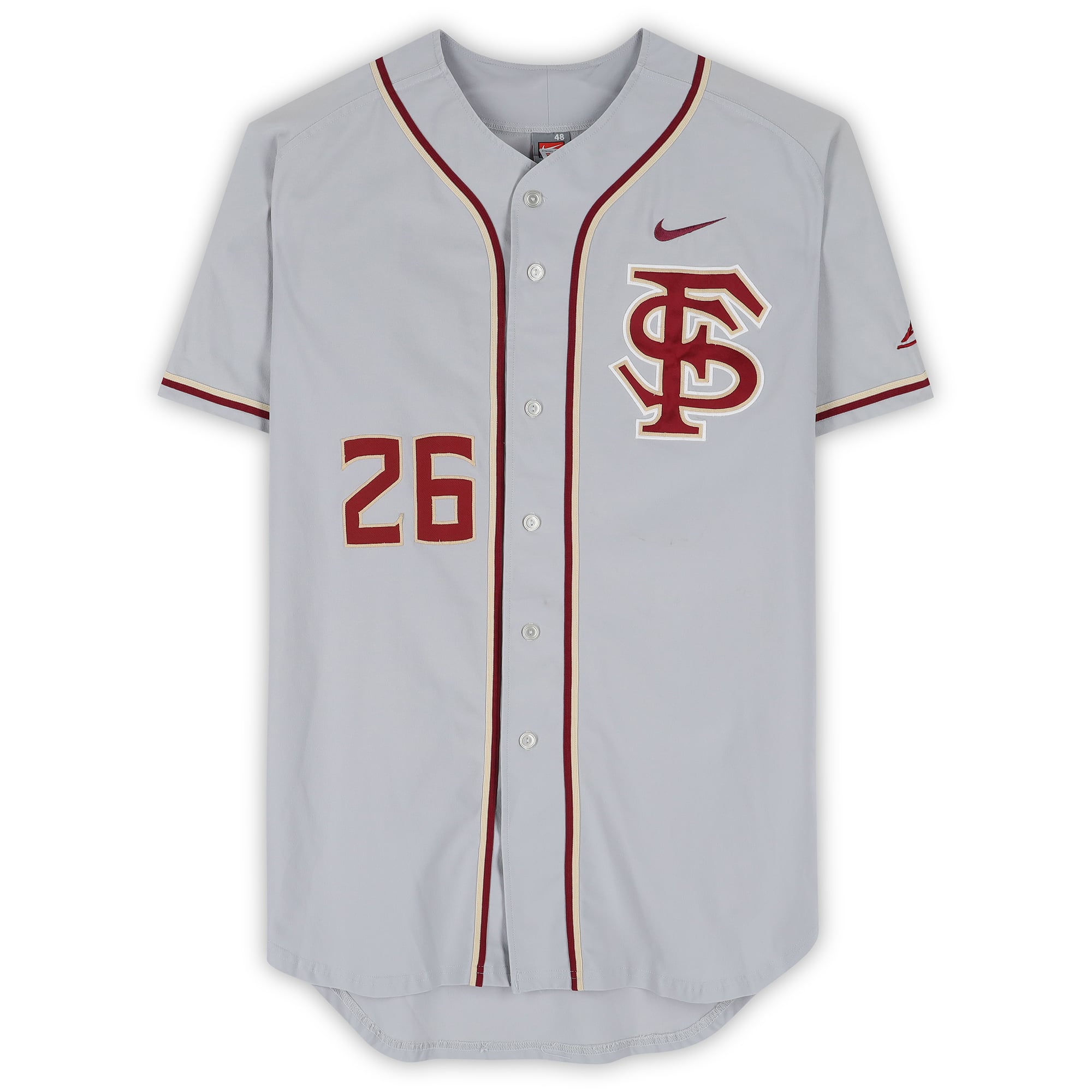 Maillot gris n° 26 de Cole Sands, joueur des Florida State Seminoles, provenant du programme de baseball - Taille 48