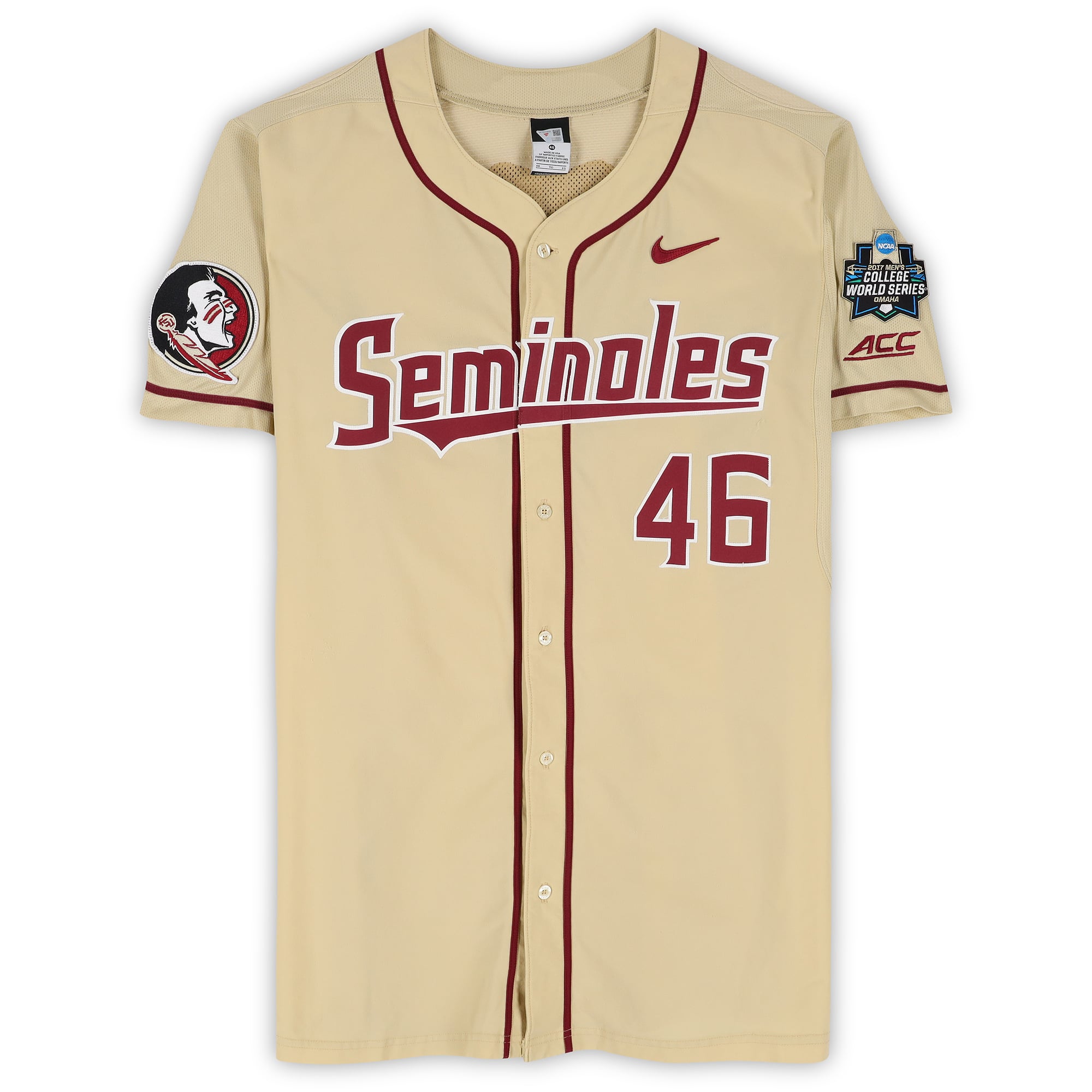 Drew Carlton Florida State Seminoles Player-Issued #46 Gold Jersey from the 2017 College World Series - Size 46