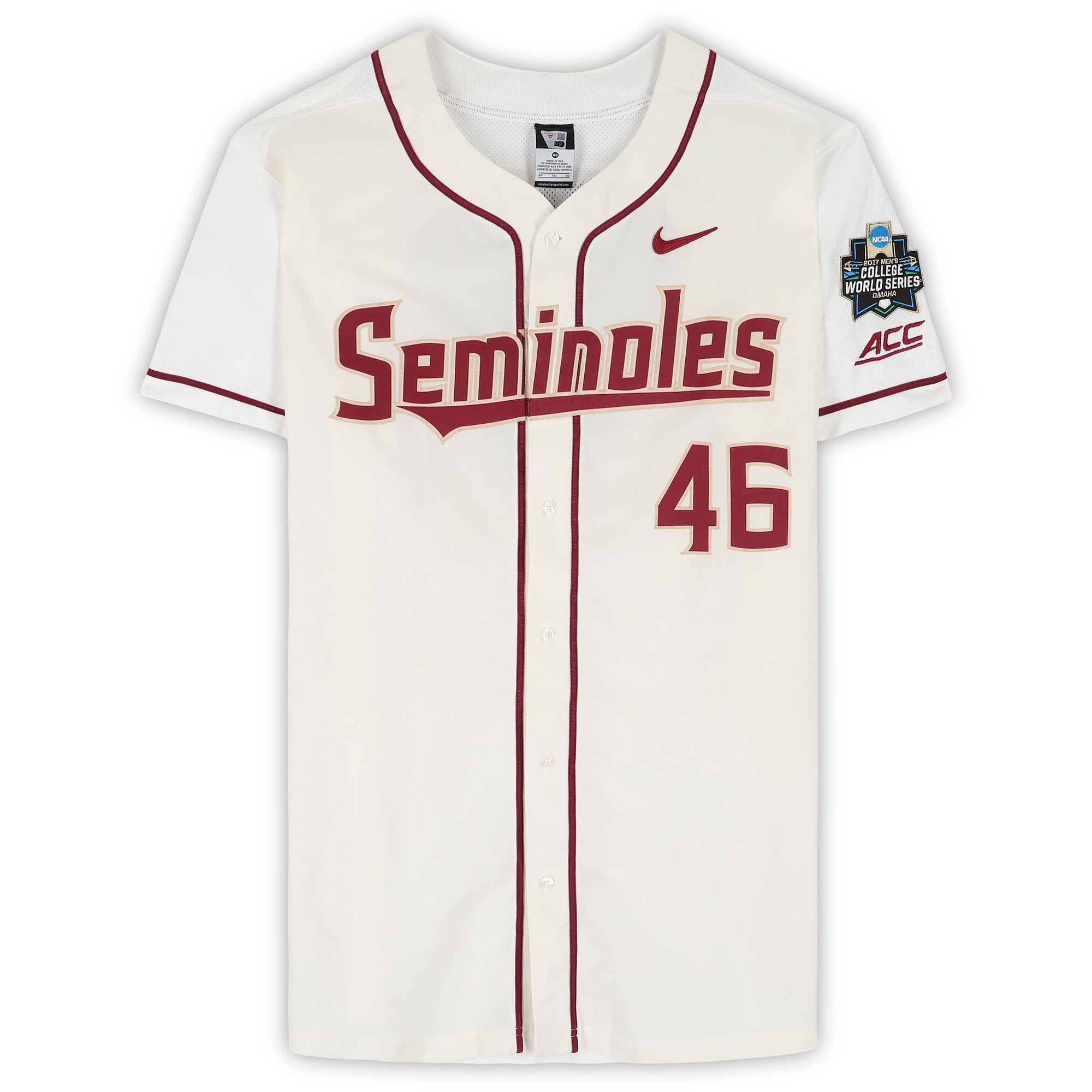 Drew Carlton Florida State Seminoles Player-Issued #46 White Jersey from the 2017 College World Series - Size 46
