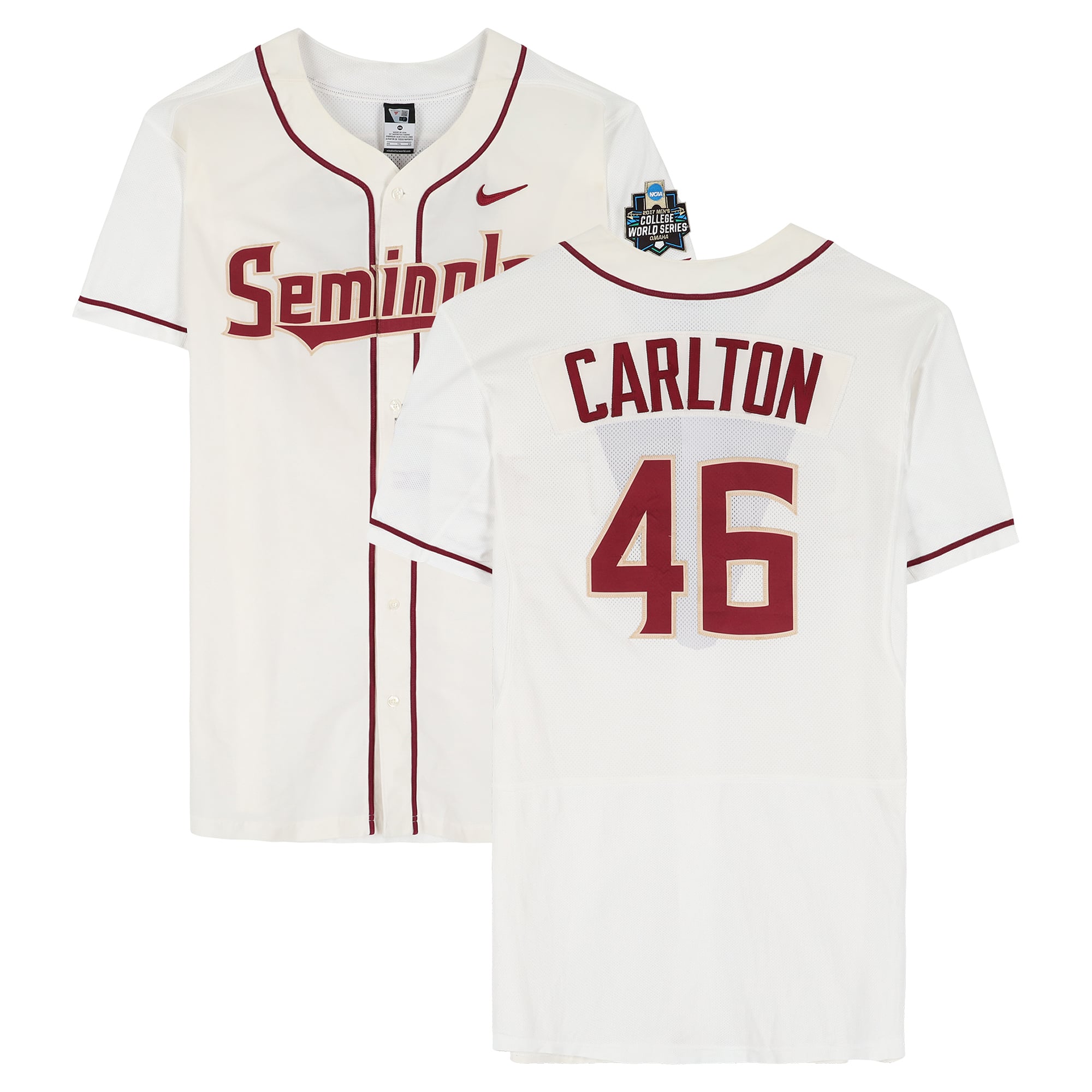 Drew Carlton Florida State Seminoles Player-Issued #46 White Jersey from the 2017 College World Series - Size 46