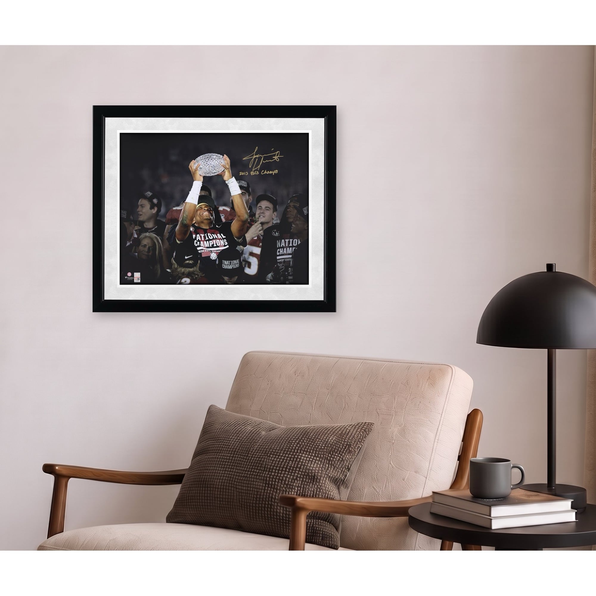 Jameis Winston Florida State Seminoles Autographed 16" x 20" Holding BCS Trophy Spotlight Photograph with "2013 BCS Champs" Inscription