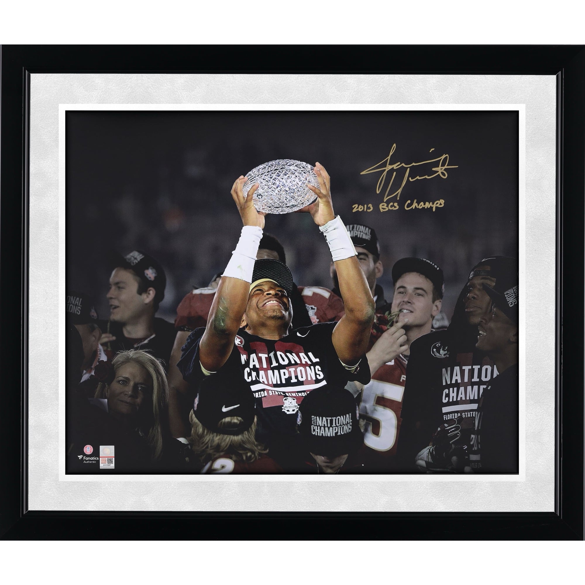 Jameis Winston Florida State Seminoles Autographed 16" x 20" Holding BCS Trophy Spotlight Photograph with "2013 BCS Champs" Inscription