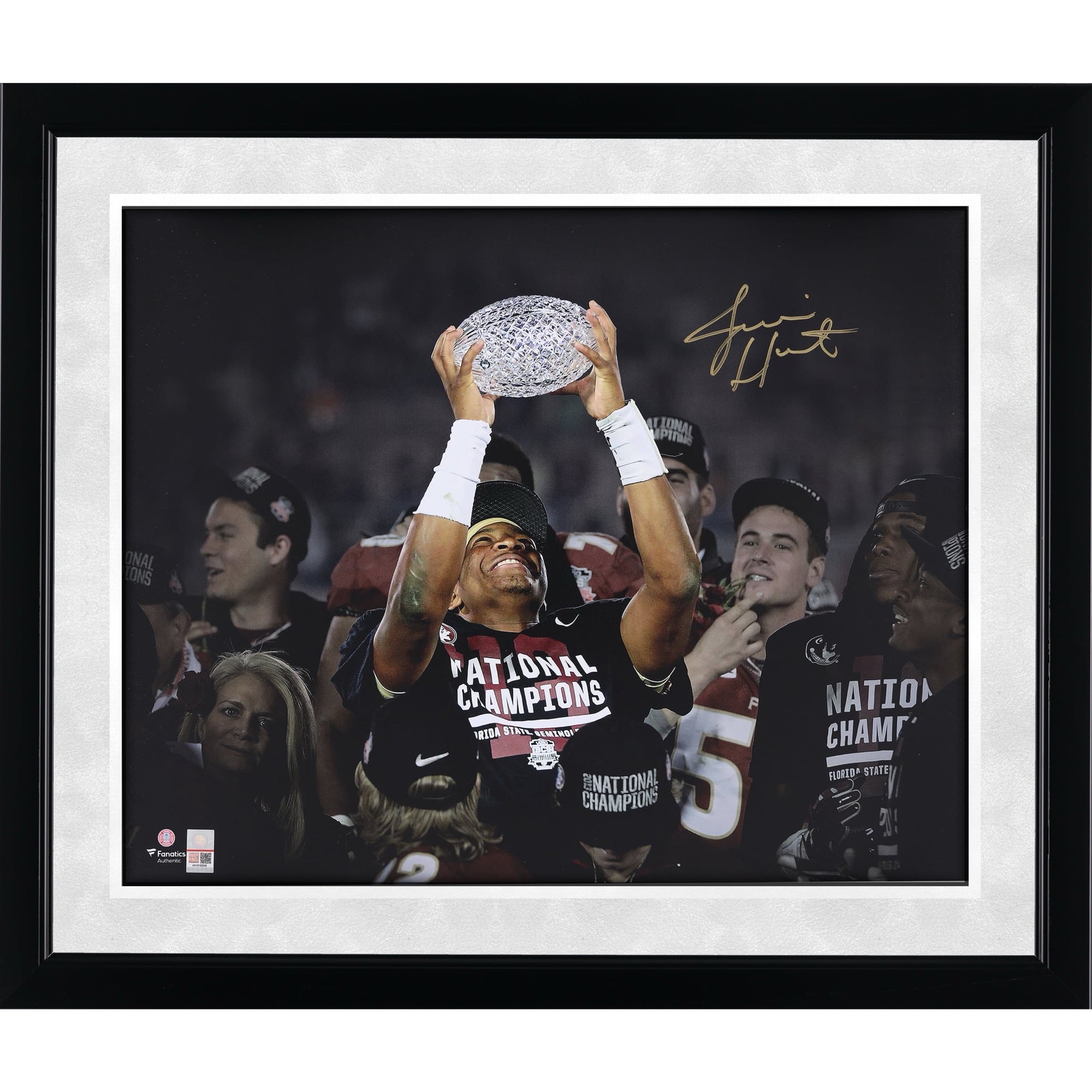 Jameis Winston Florida State Seminoles Autographed 16" x 20" Holding BCS Trophy Spotlight Photograph