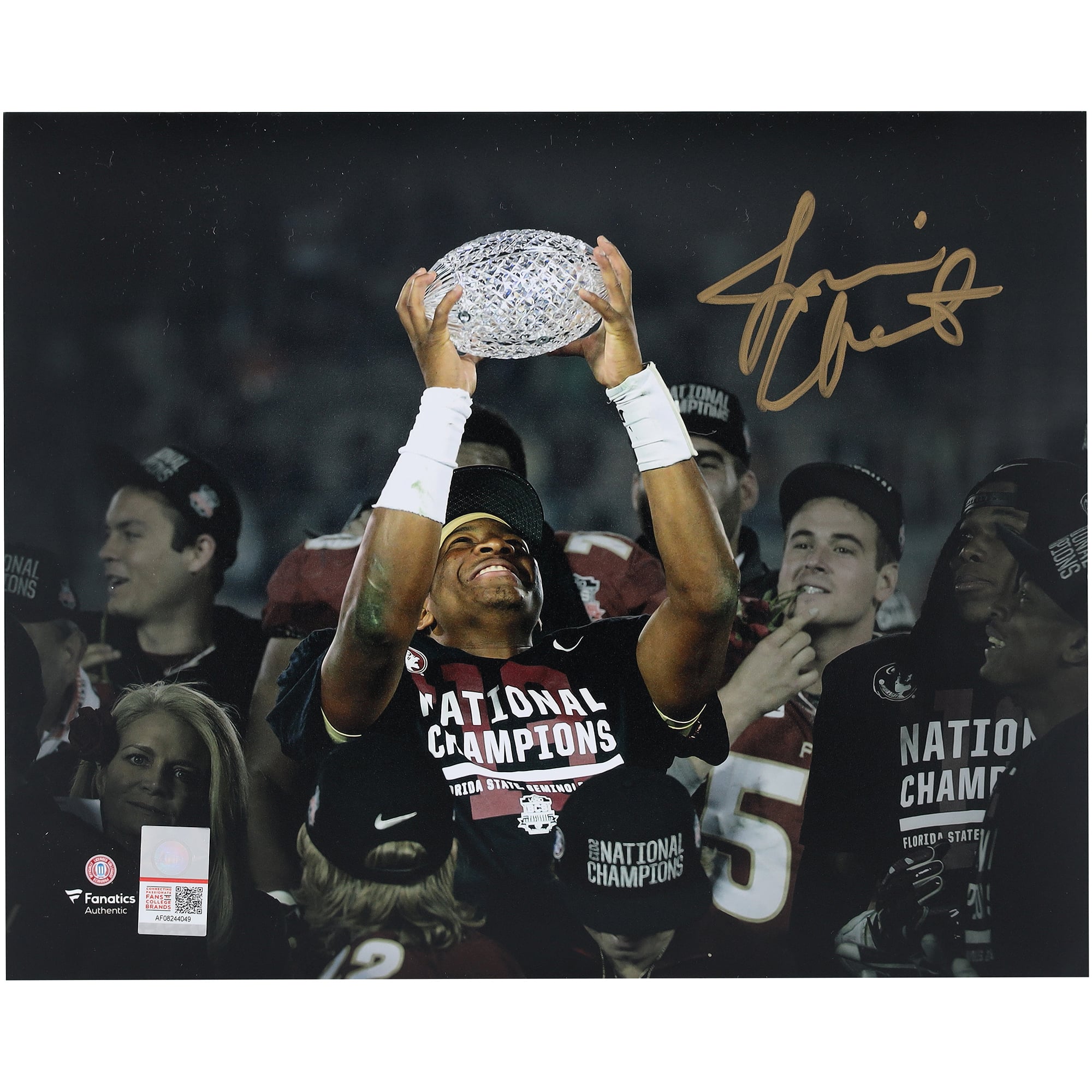 Photo dédicacée de Jameis Winston (Florida State Seminoles) tenant le trophée BCS (8 x 10 pouces).