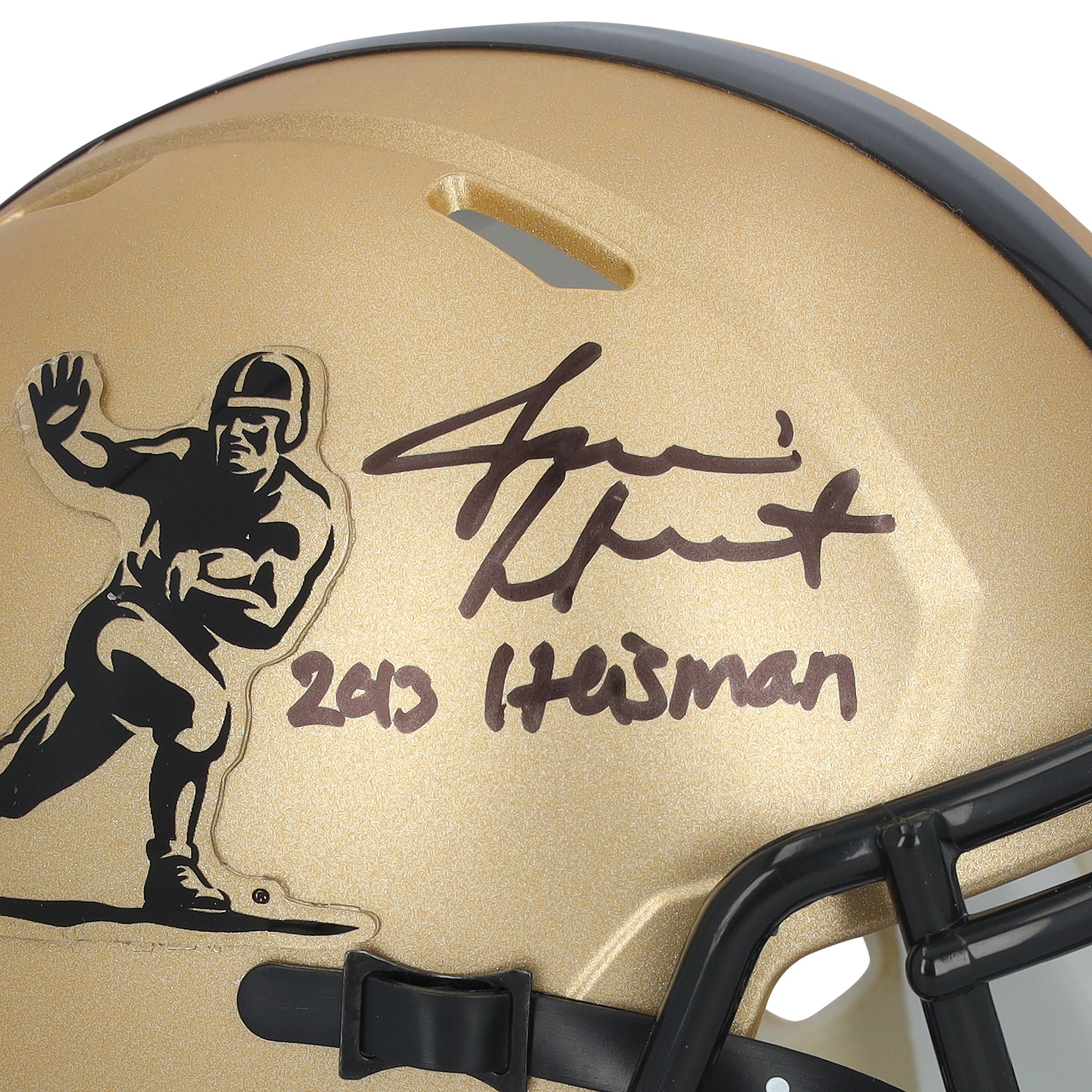 Casque Riddell Heisman Gold Speed ​​Mini autographié par Jameis Winston, joueur des Florida State Seminoles, avec inscription « Heisman 2013 ».