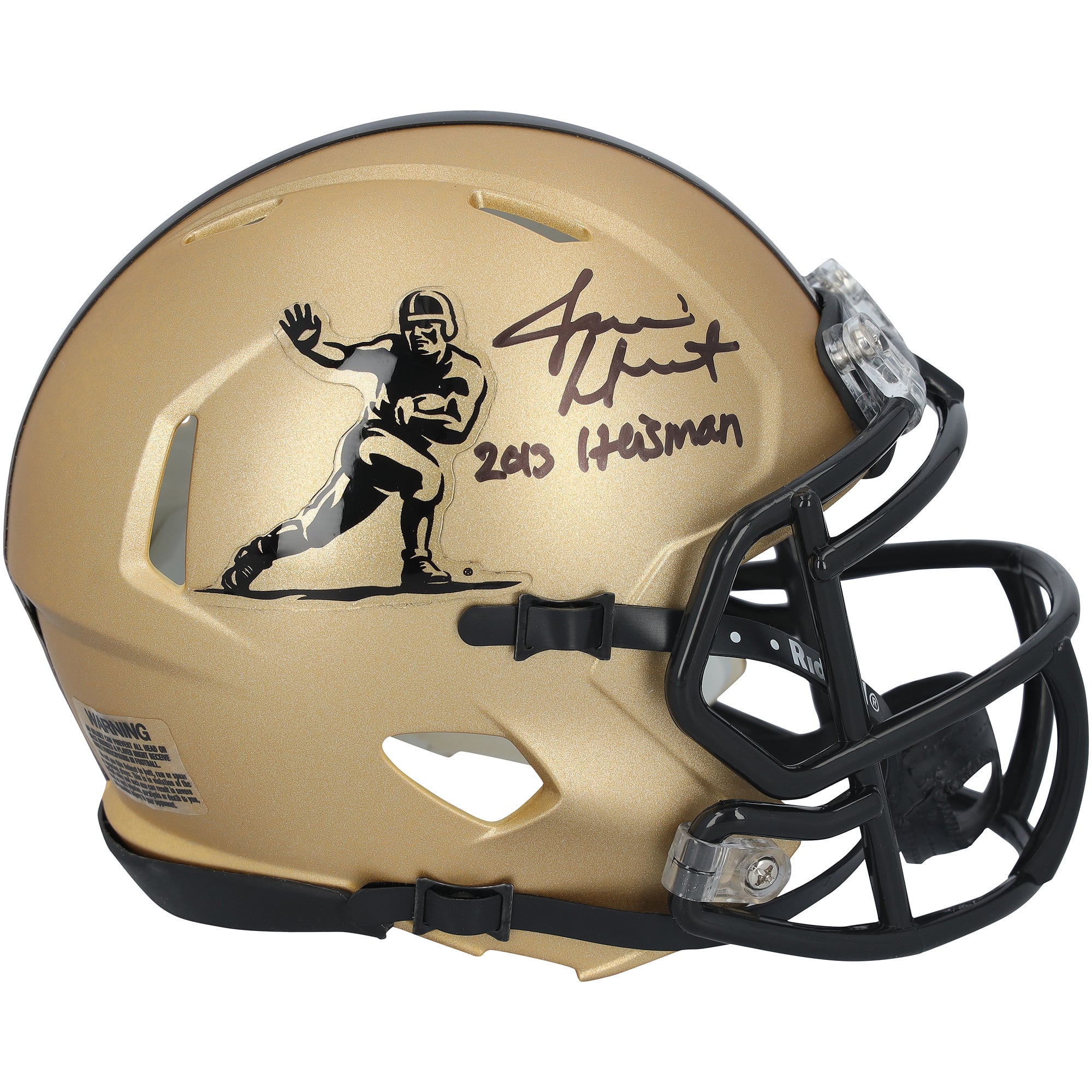 Casque Riddell Heisman Gold Speed ​​Mini autographié par Jameis Winston, joueur des Florida State Seminoles, avec inscription « Heisman 2013 ».