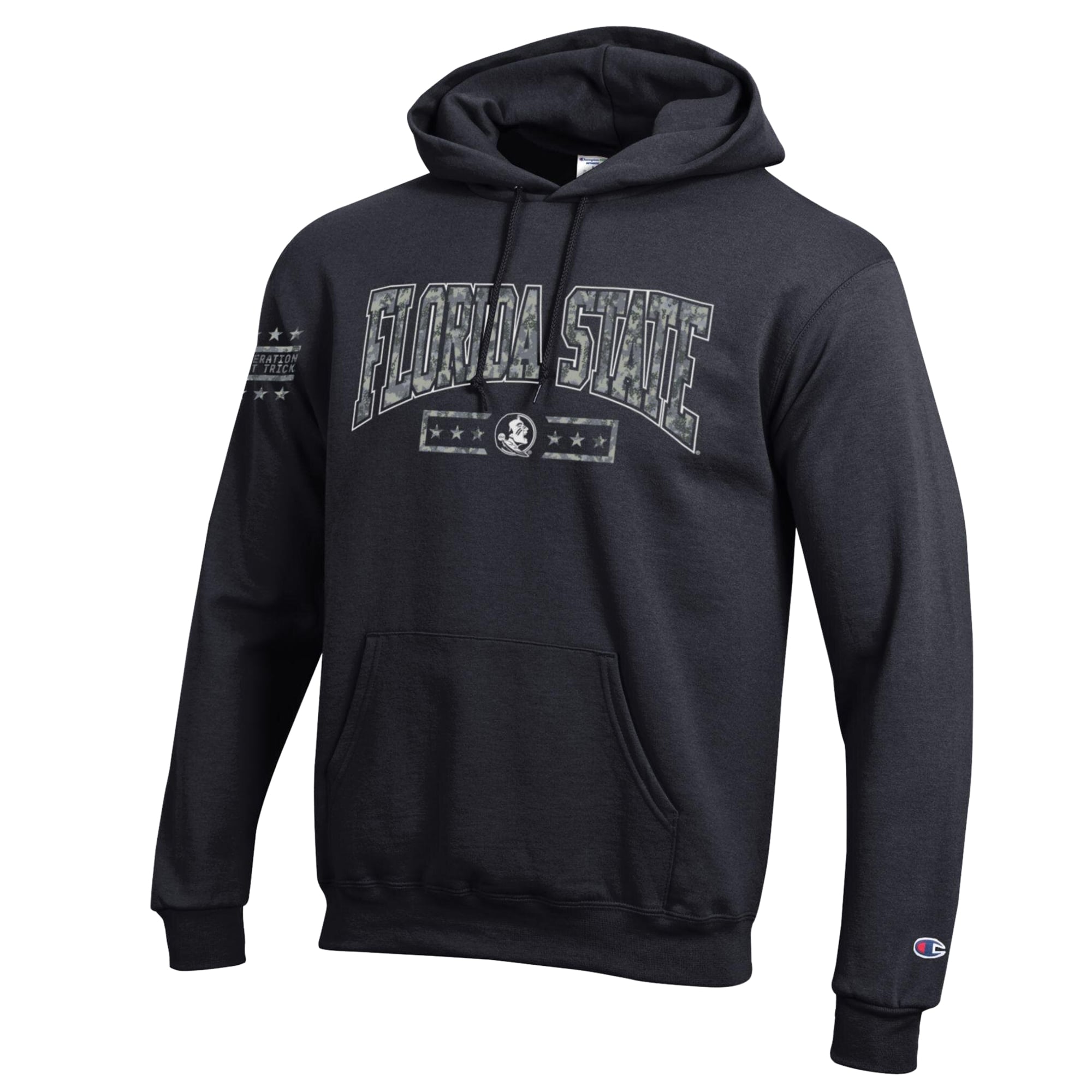 Sweat à capuche en polaire Powerblend noir Champion Florida State Seminoles Operation Hat Trick Camo Script pour homme