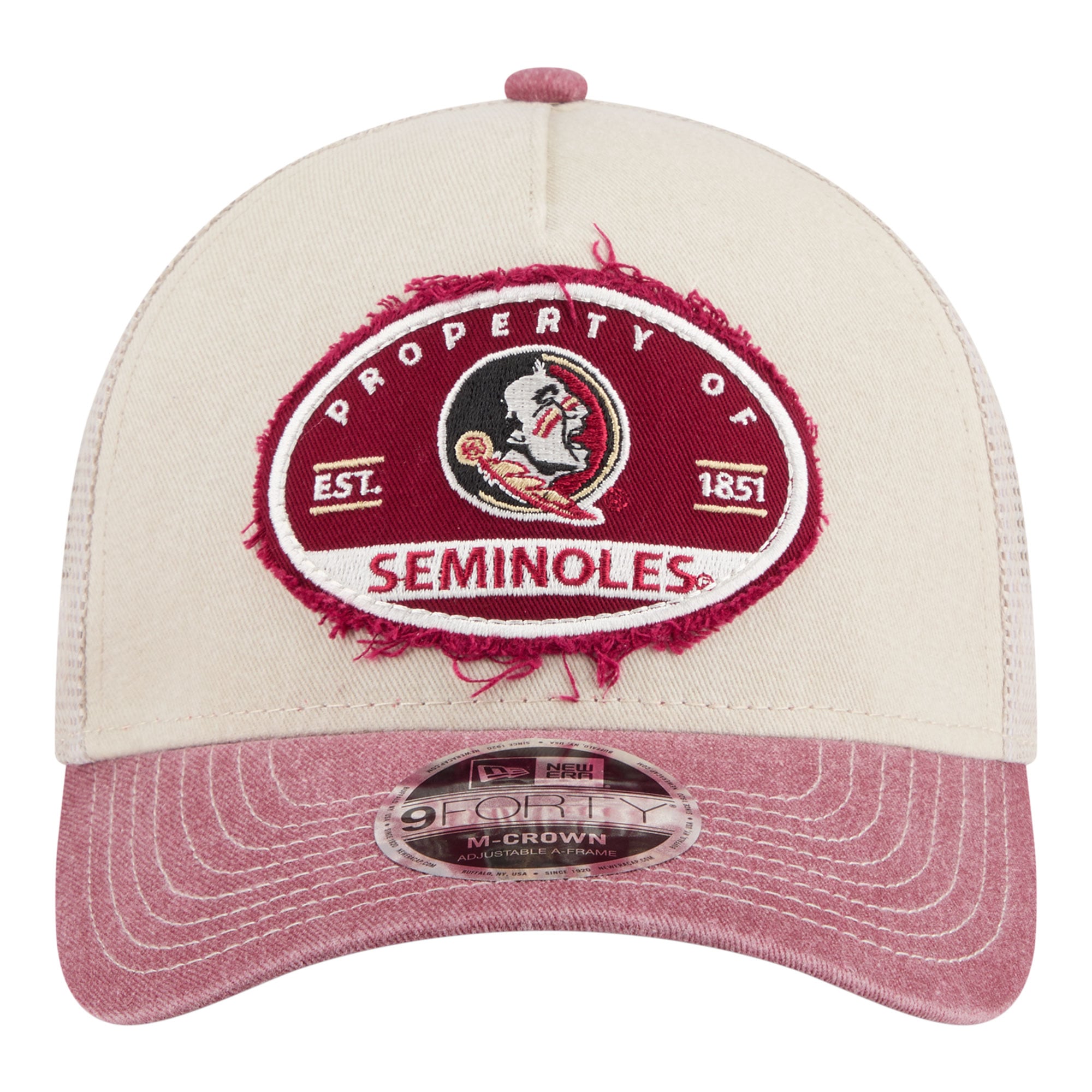 Men's New Era Stone/Garnet Florida State Seminoles Frayed Patch 9FORTY M-Crown A-Frame Trucker Adjustable Hat