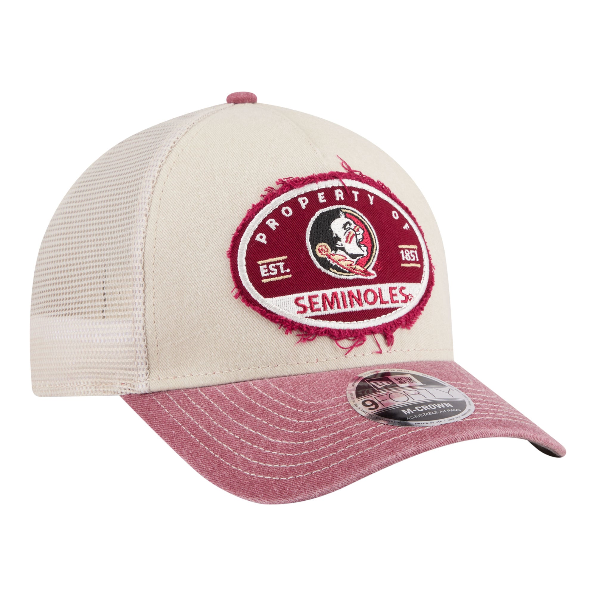 Men's New Era Stone/Garnet Florida State Seminoles Frayed Patch 9FORTY M-Crown A-Frame Trucker Adjustable Hat