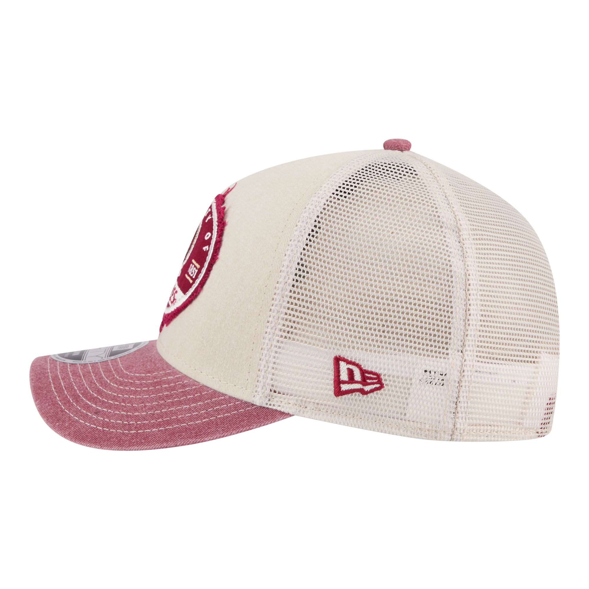 Men's New Era Stone/Garnet Florida State Seminoles Frayed Patch 9FORTY M-Crown A-Frame Trucker Adjustable Hat