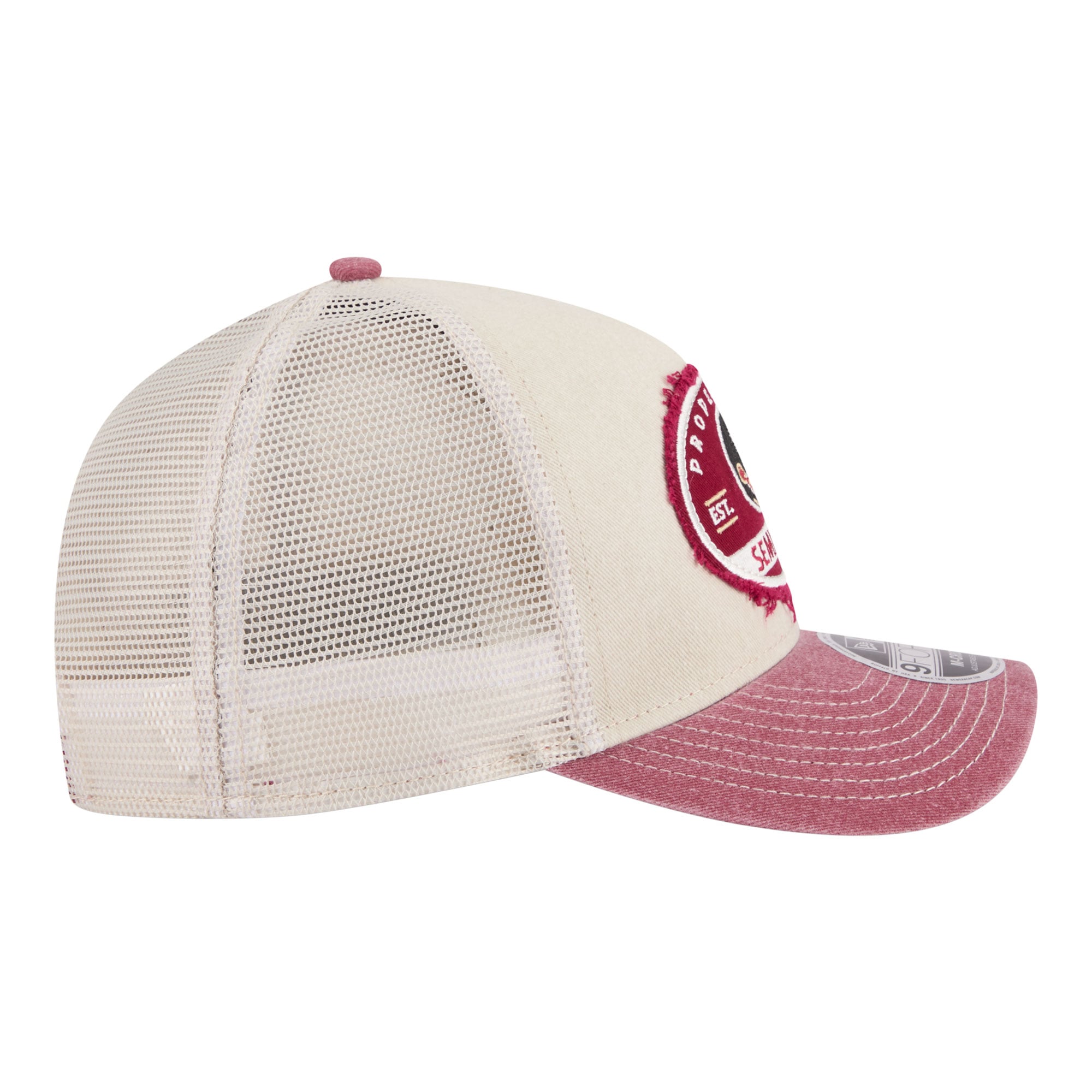 Men's New Era Stone/Garnet Florida State Seminoles Frayed Patch 9FORTY M-Crown A-Frame Trucker Adjustable Hat