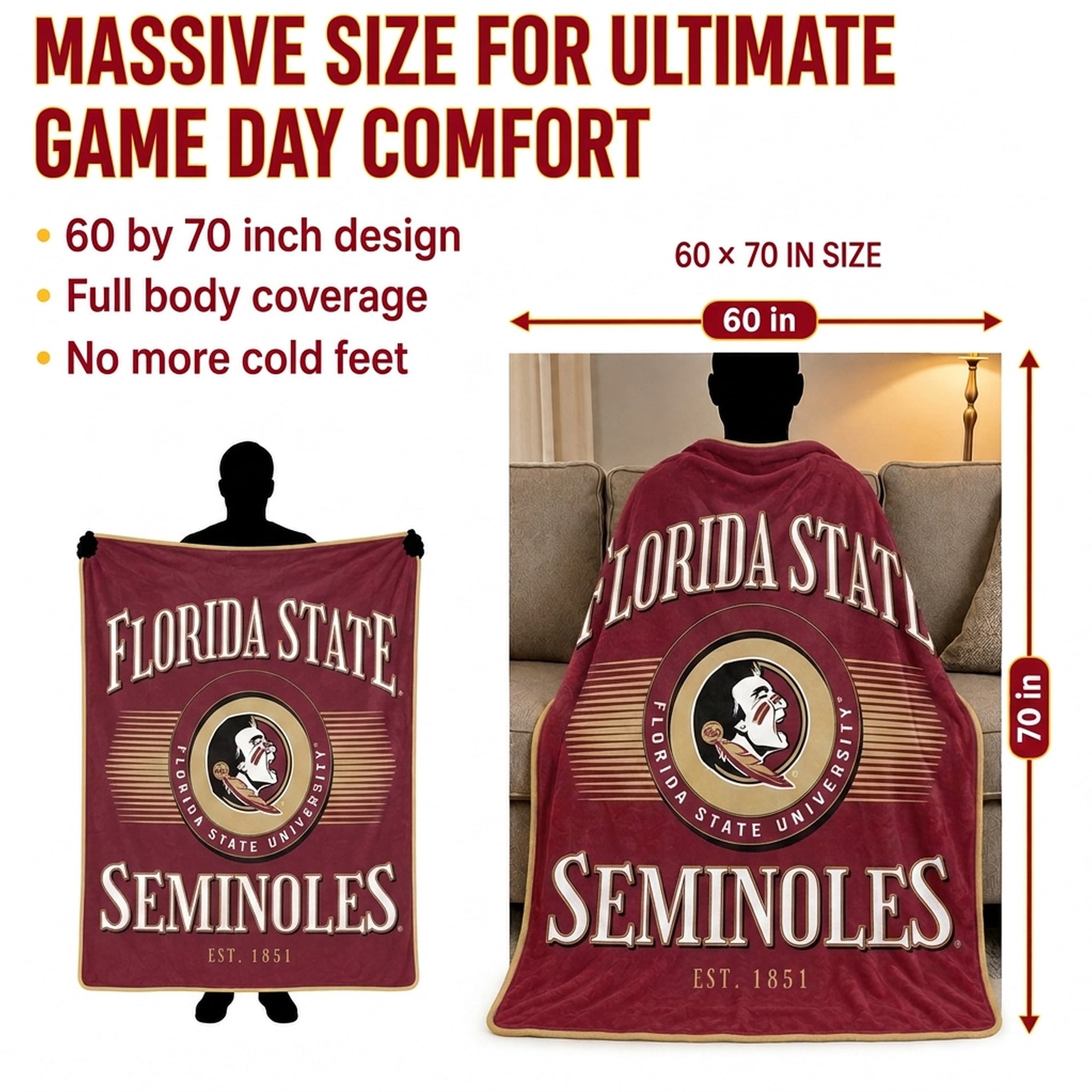 Couverture Pegasus Florida State Seminoles Spotlight Arch 60" x 70" ultra douce