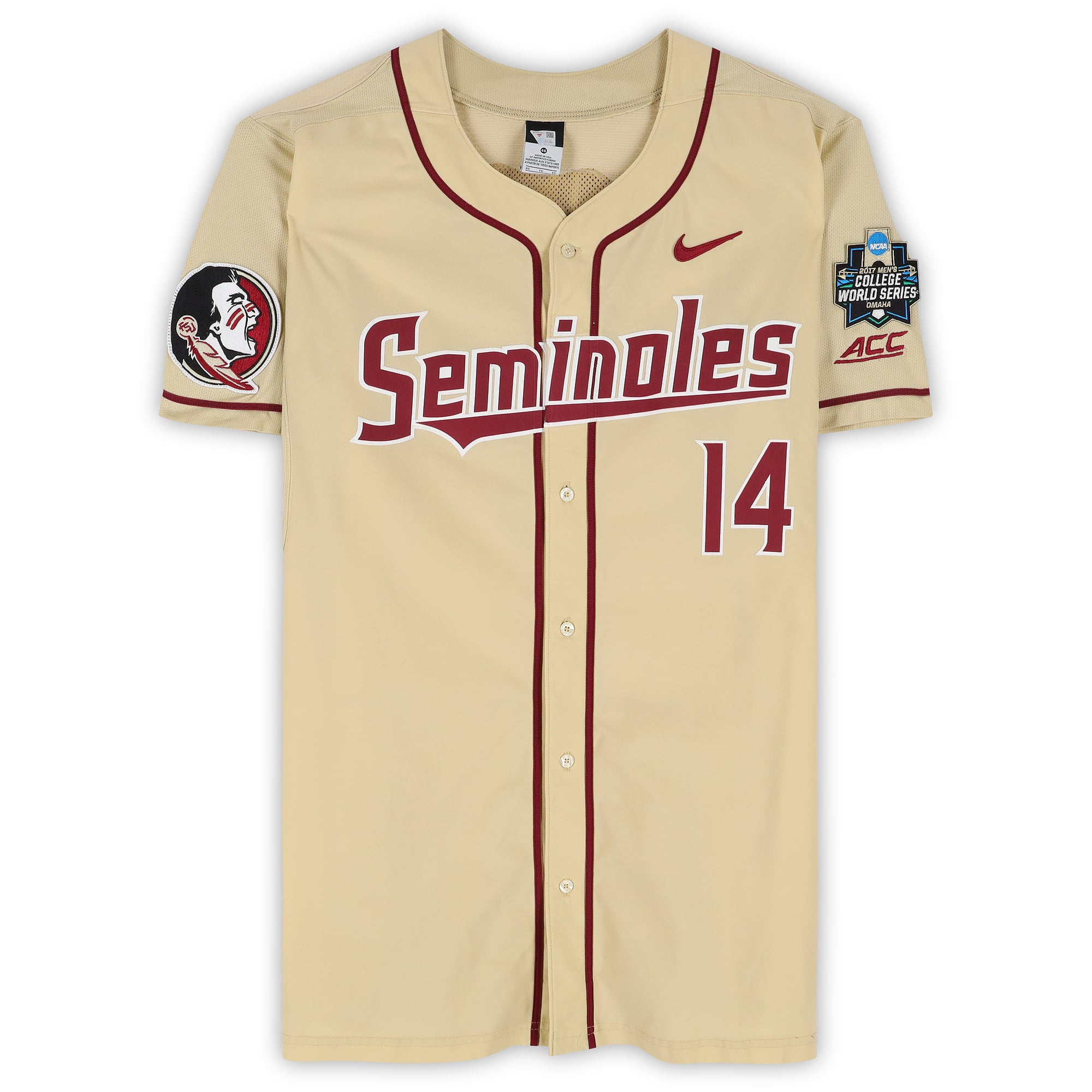 Tyler Holton Florida State Seminoles Player-Issued #14 Gold Jersey from the 2017 College World Series - Size 46