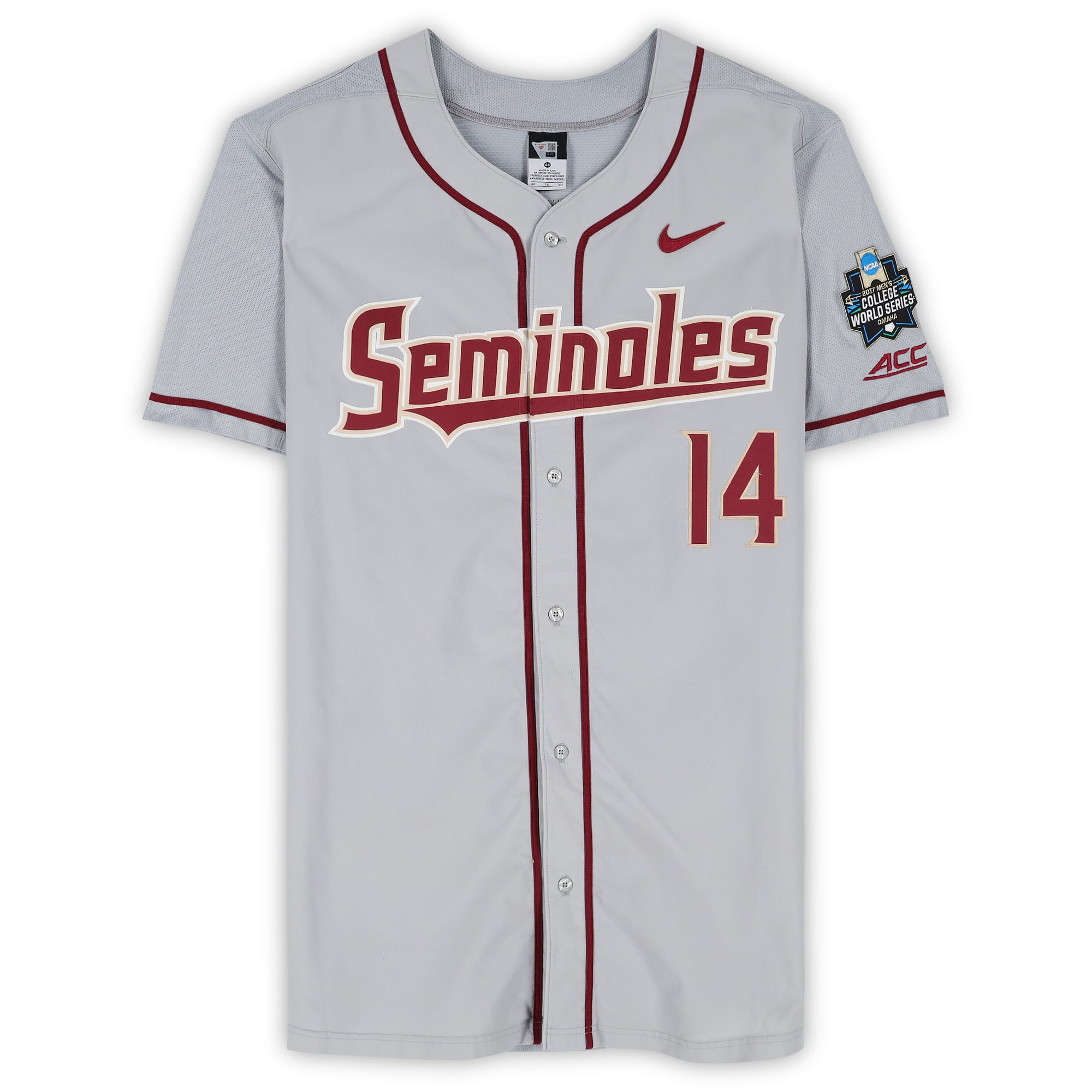 Tyler Holton Florida State Seminoles Player-Issued #14 Jersey from the 2017 College World Series