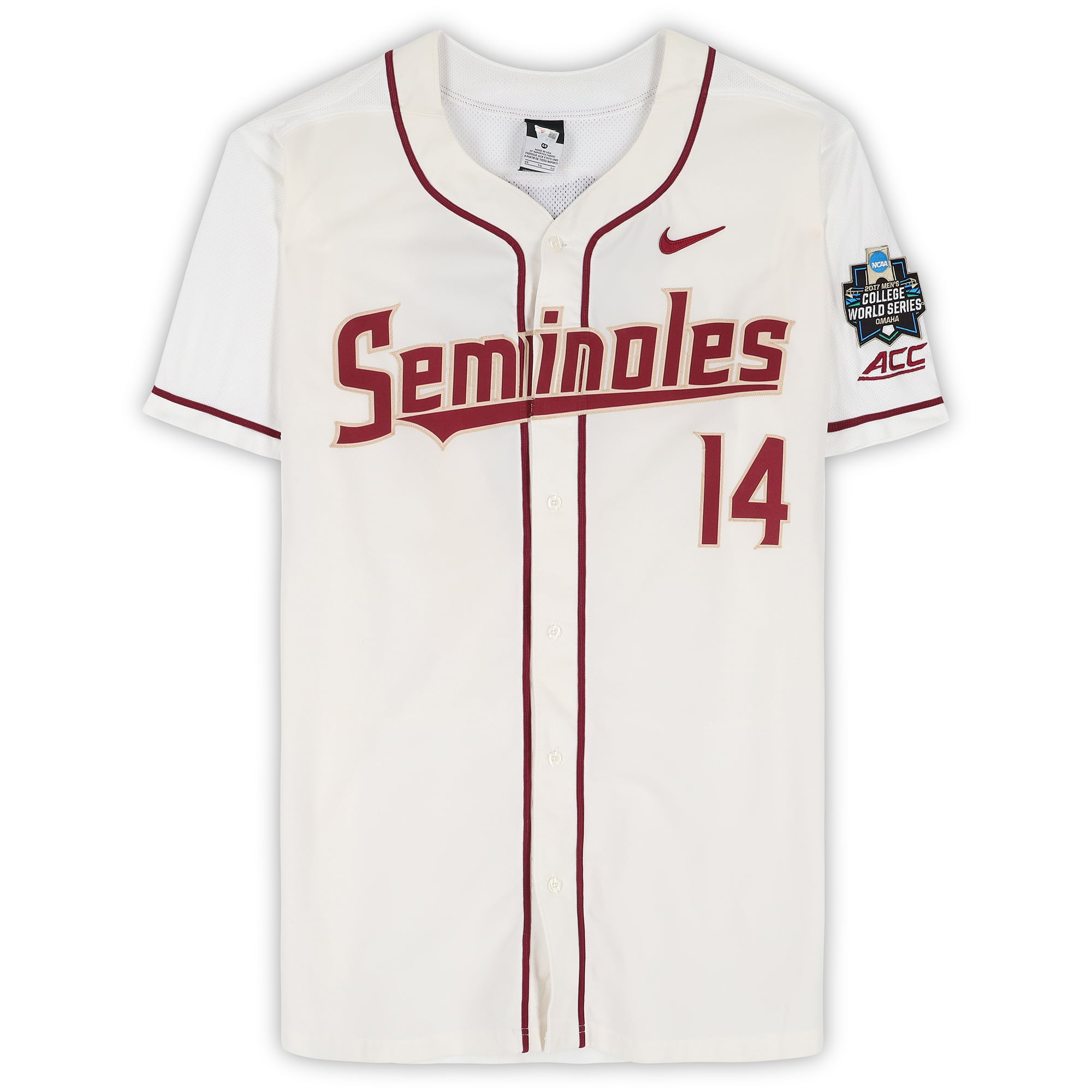 Maillot blanc n° 14 de Tyler Holton, joueur des Florida State Seminoles, lors des College World Series 2017 - Taille 46