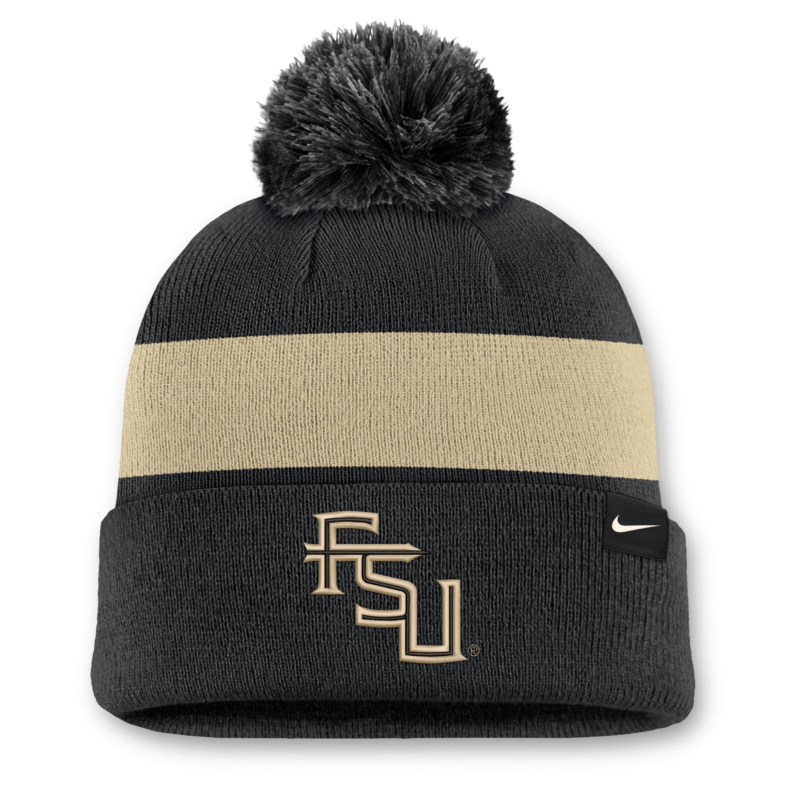 Bonnet unisexe Nike noir à rayures et revers avec pompon, orné de rayures et de motifs Florida State Seminoles Primetime.