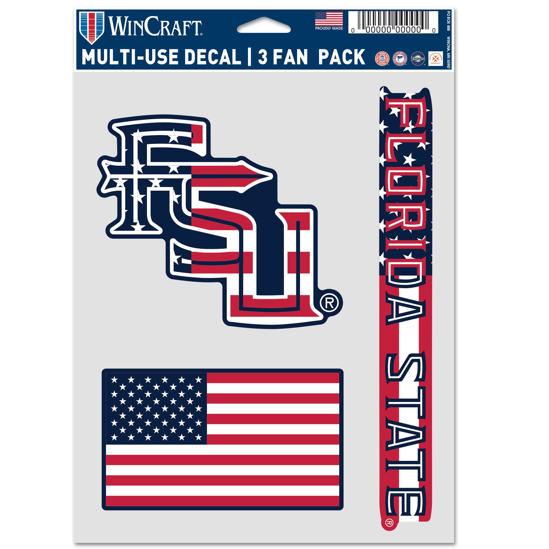 Ensemble de trois autocollants WinCraft Florida State Seminoles Stars & Stripes pour supporters