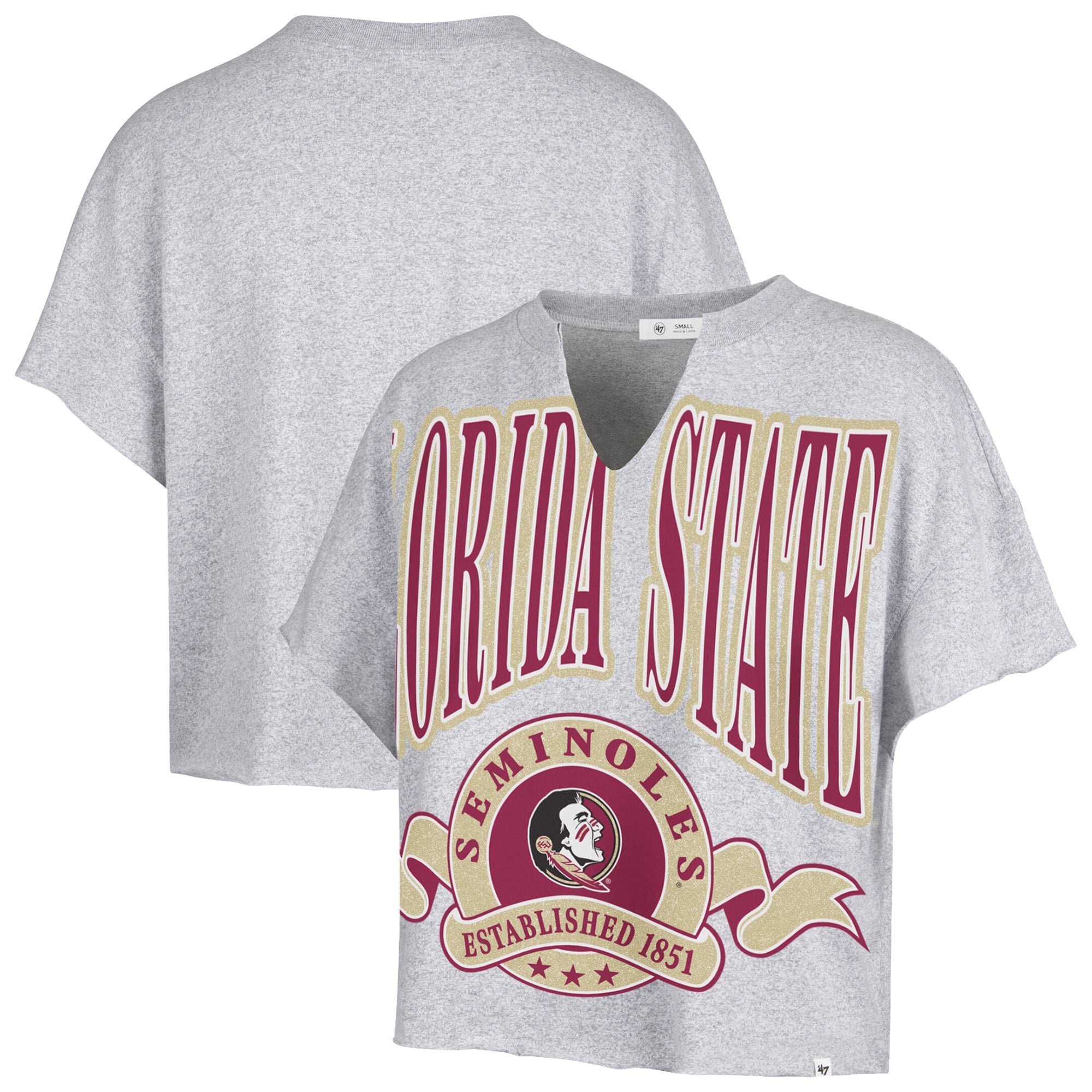 Women's '47 Gray Florida State Seminoles Banners Out Oversized Notch-Neck T-Shirt