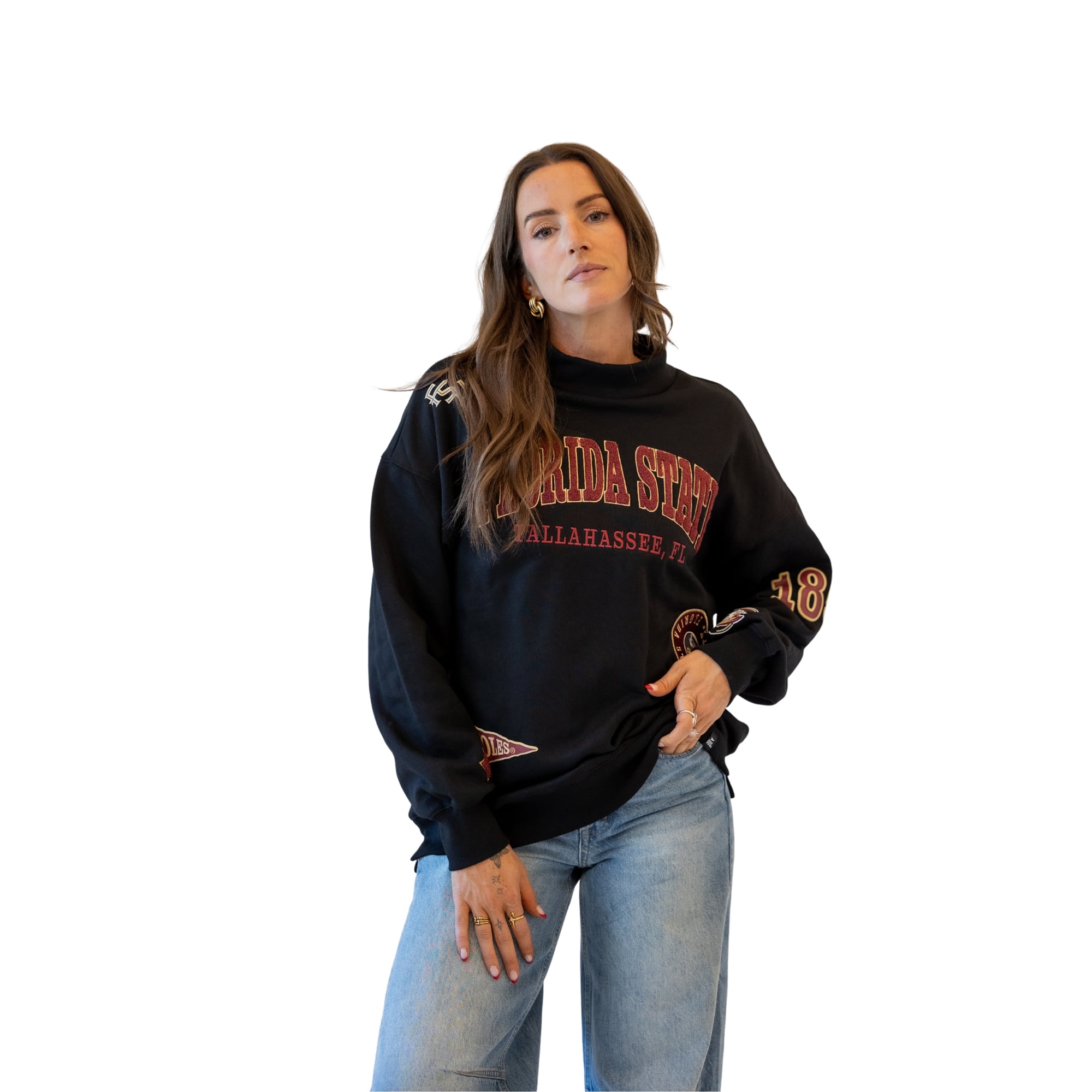 Sweat-shirt à col montant noir écusson Florida State Seminoles pour femmes, idéal les jours de match