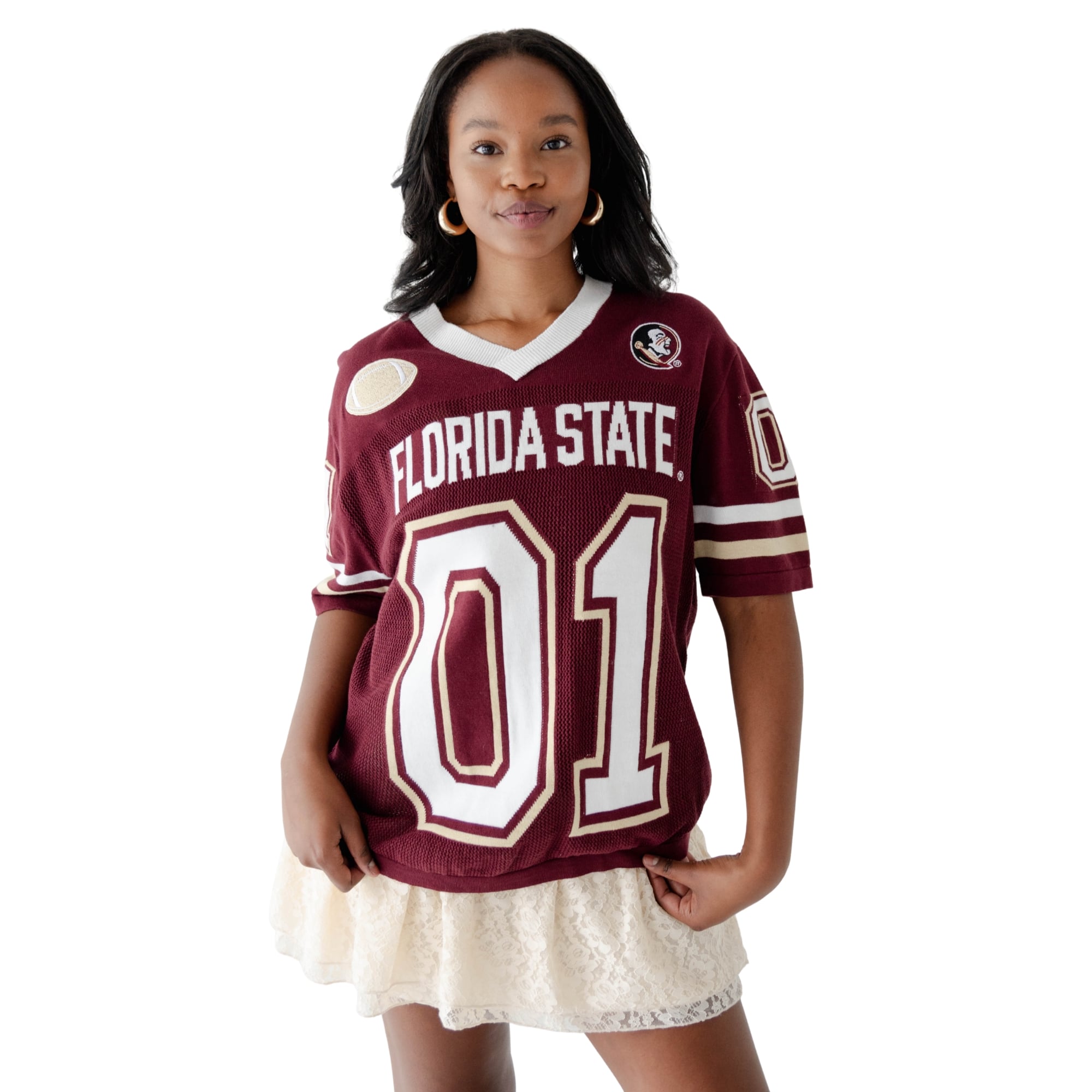 Pull de football américain tricoté Florida State Seminoles pour femmes, couleur grenat, idéal les jours match.