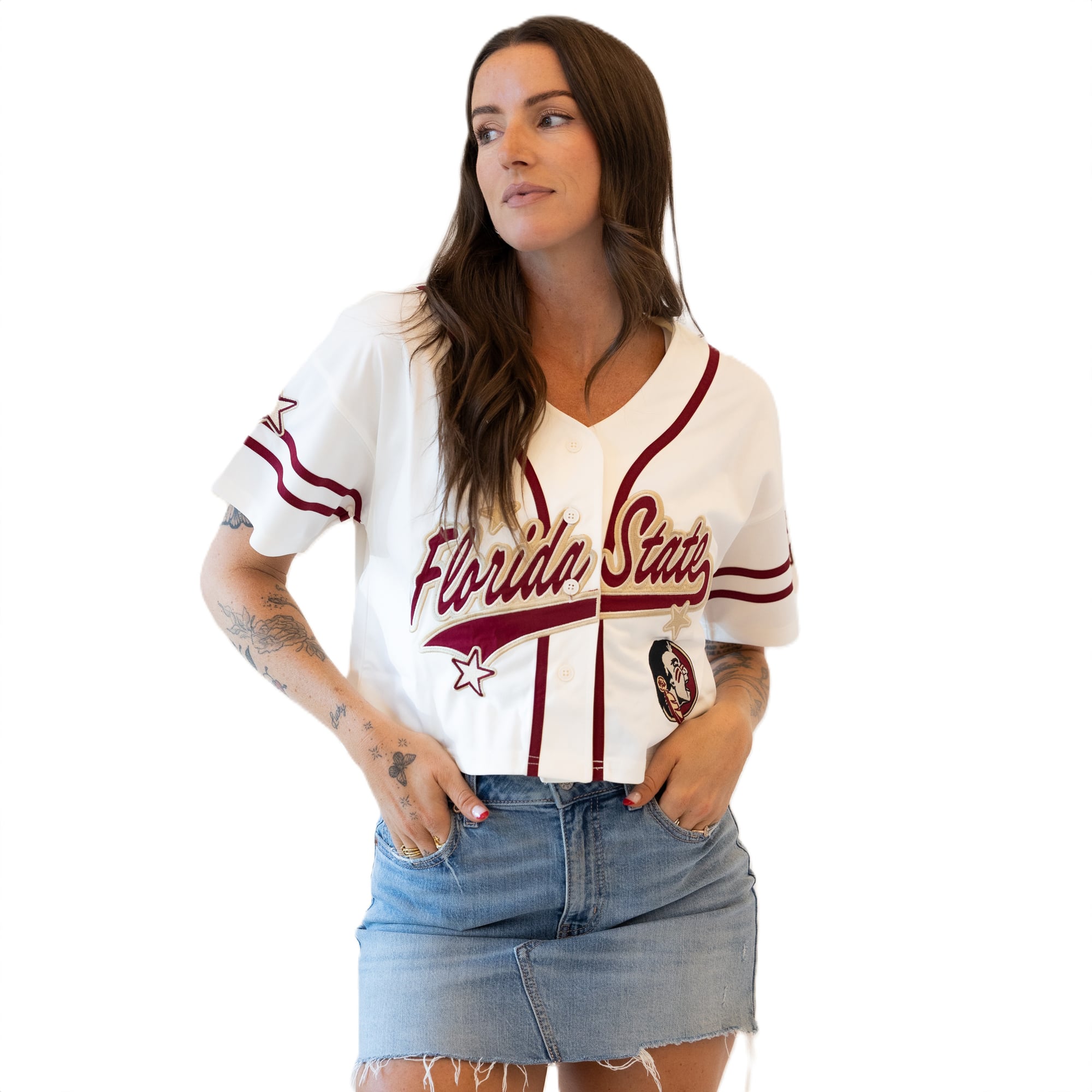 Maillot de baseball court à patch Off White Florida State Seminoles pour femmes, idéal les jours match.
