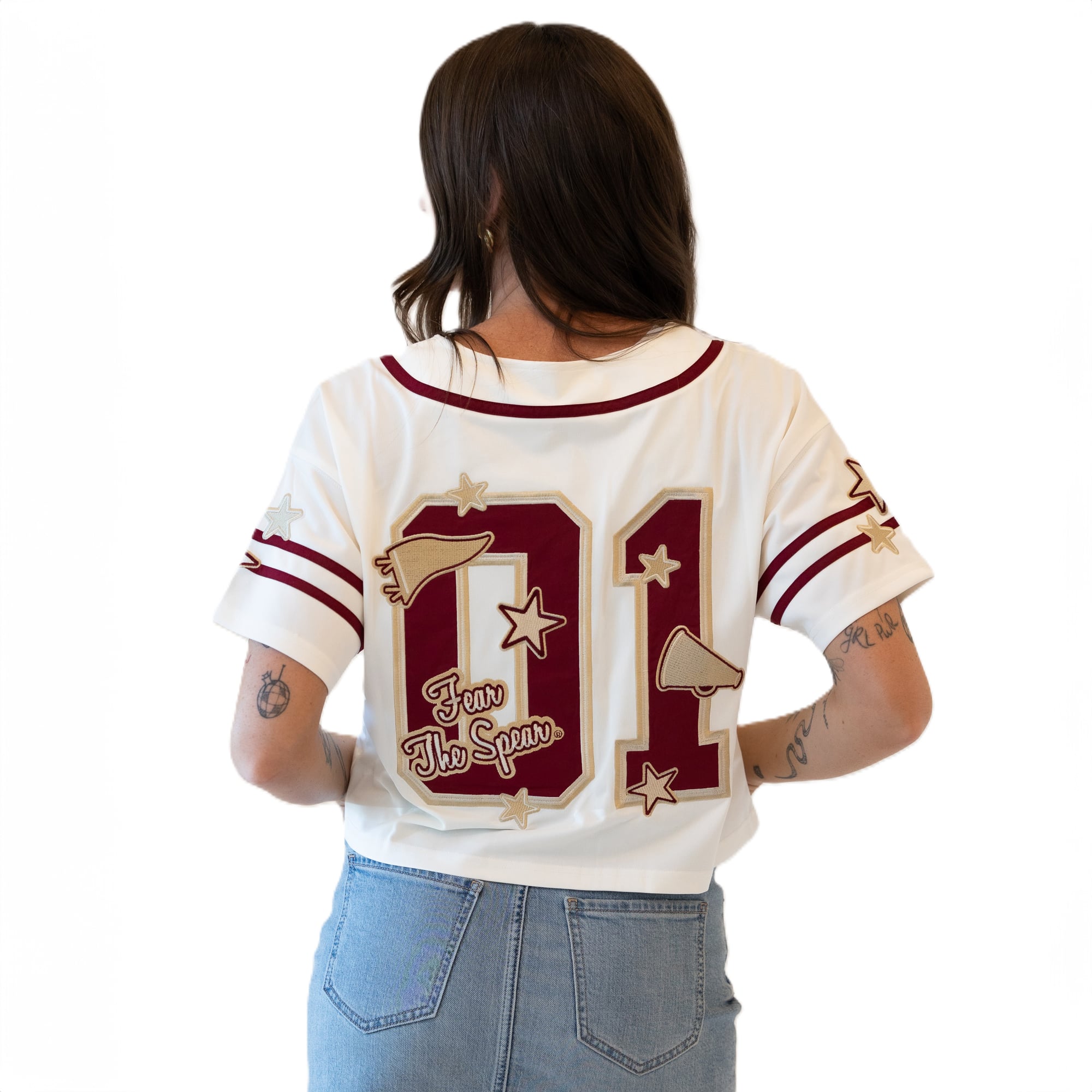 Maillot de baseball court à patch Off White Florida State Seminoles pour femmes, idéal les jours match.