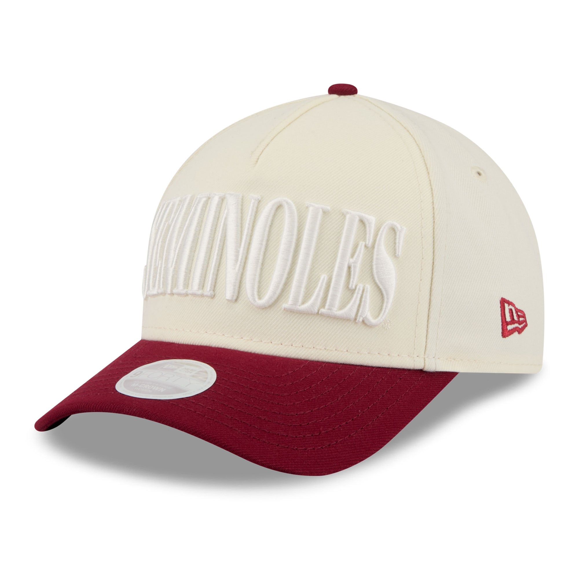 Casquette ajustable New Era 9FORTY A-Frame blanche et grenat pour femme, aux couleurs des Florida State Seminoles.