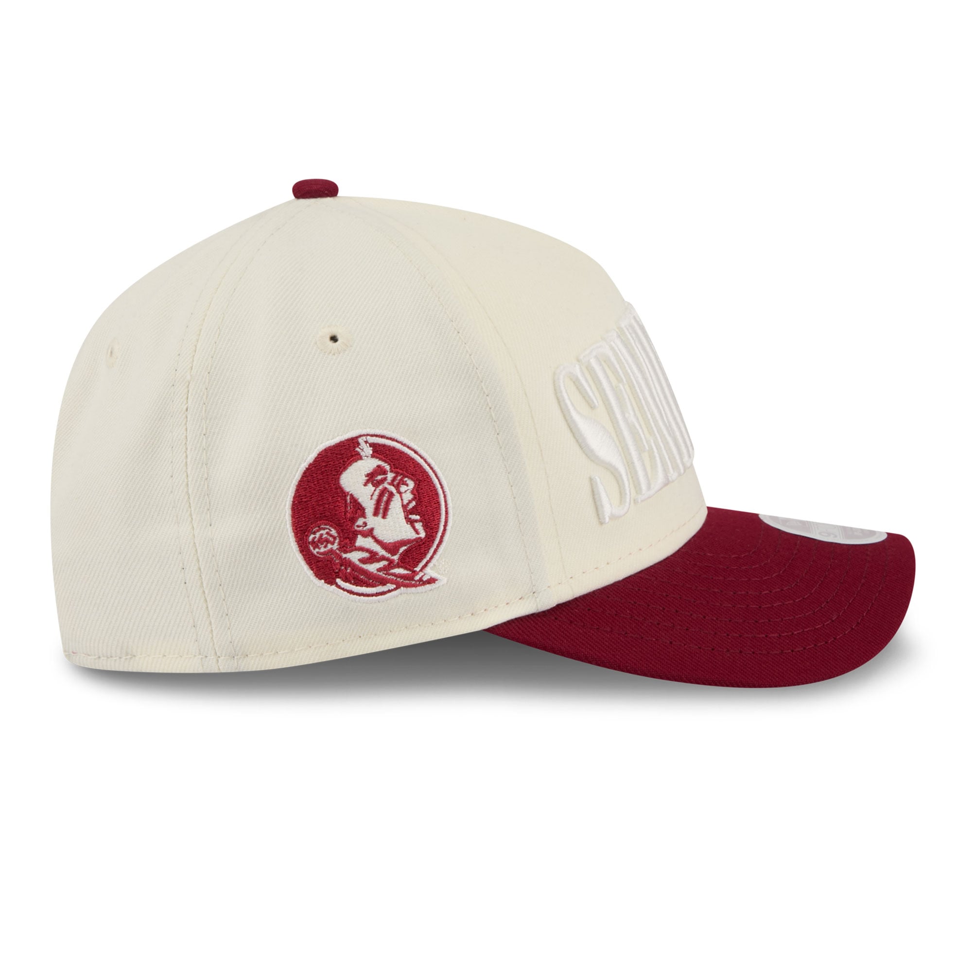 Casquette ajustable New Era 9FORTY A-Frame blanche et grenat pour femme, aux couleurs des Florida State Seminoles.
