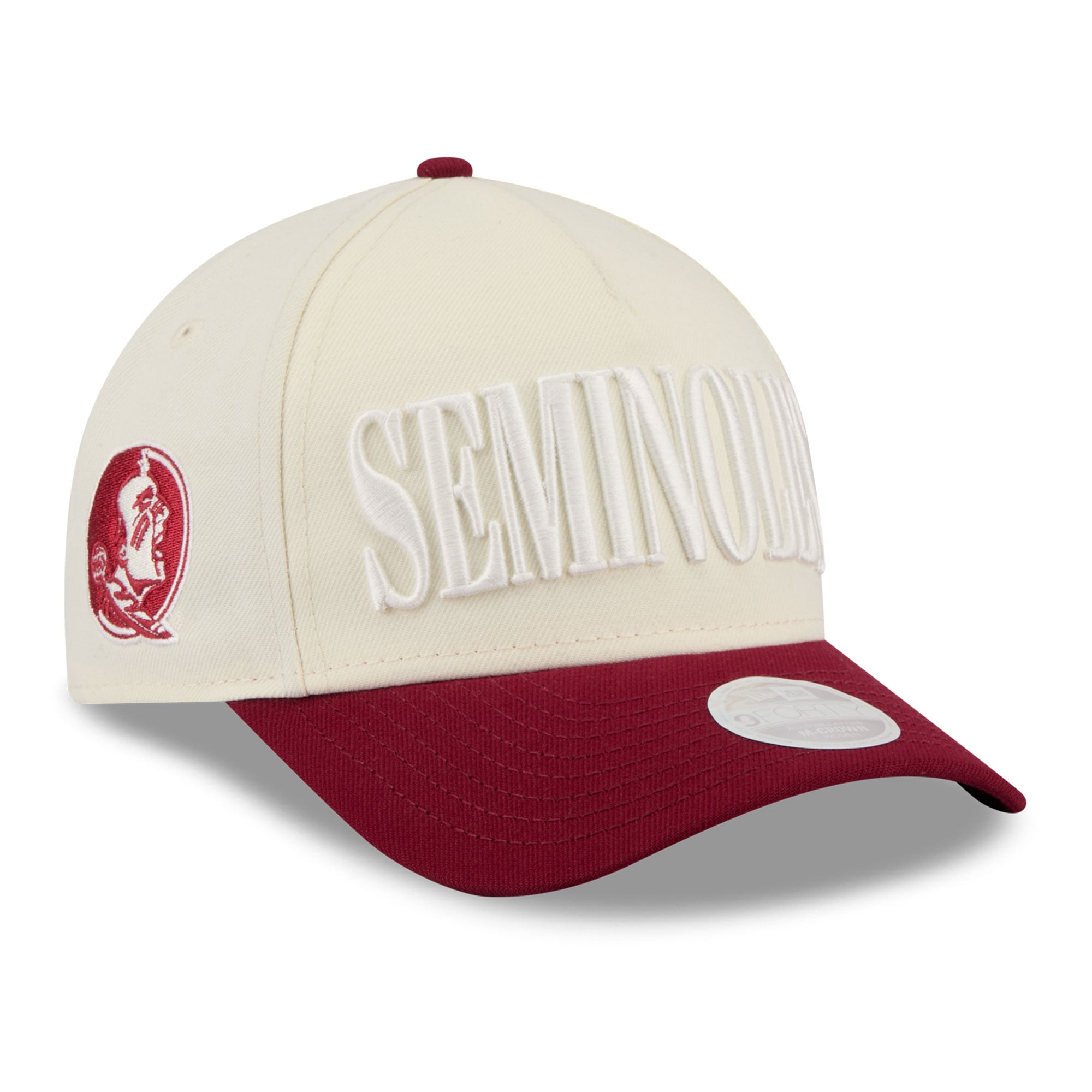 Casquette ajustable New Era 9FORTY A-Frame blanche et grenat pour femme, aux couleurs des Florida State Seminoles.