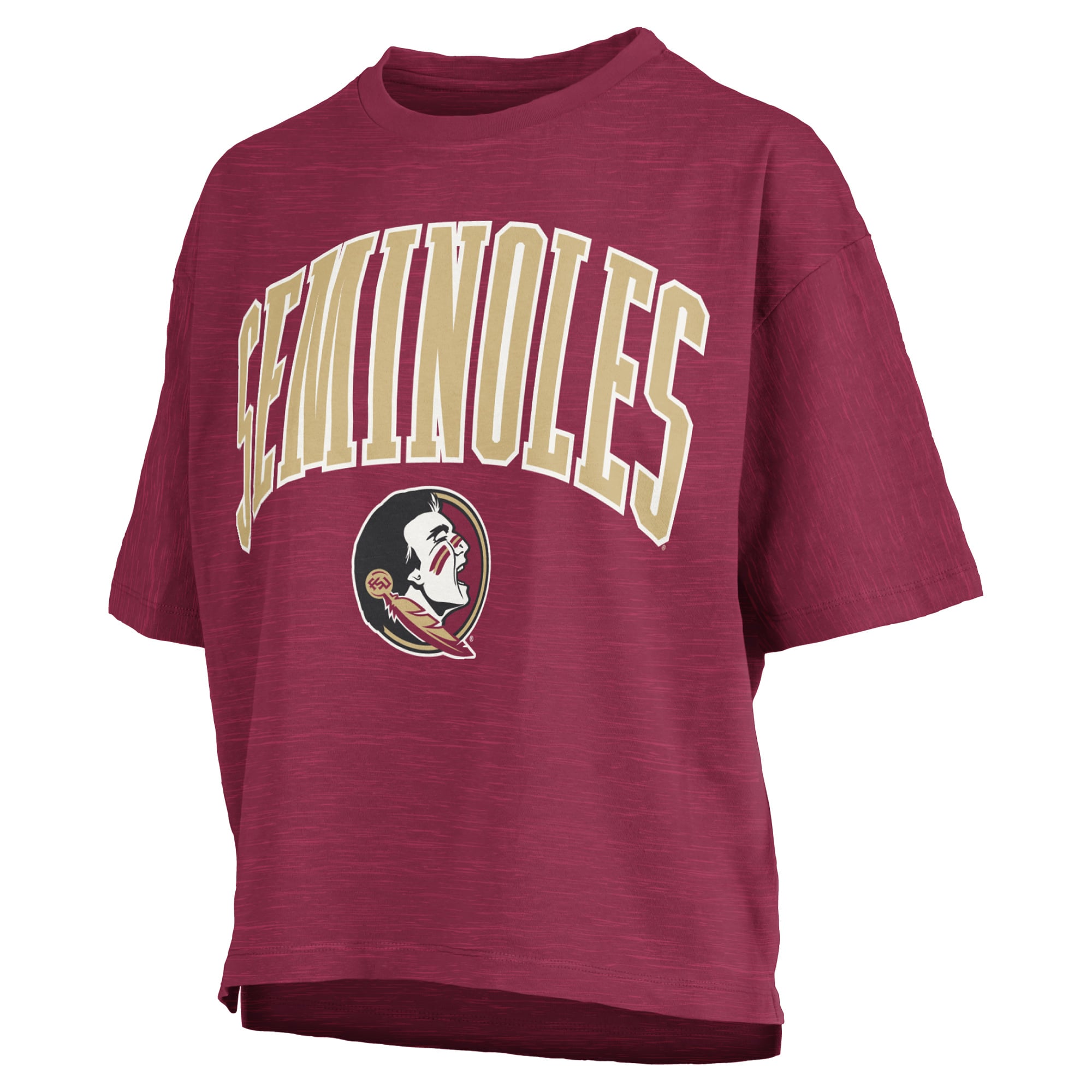 T-shirt oversize Pressbox Garnet Florida State Seminoles pour femmes, logo Nelson Arch Over, en flammèche