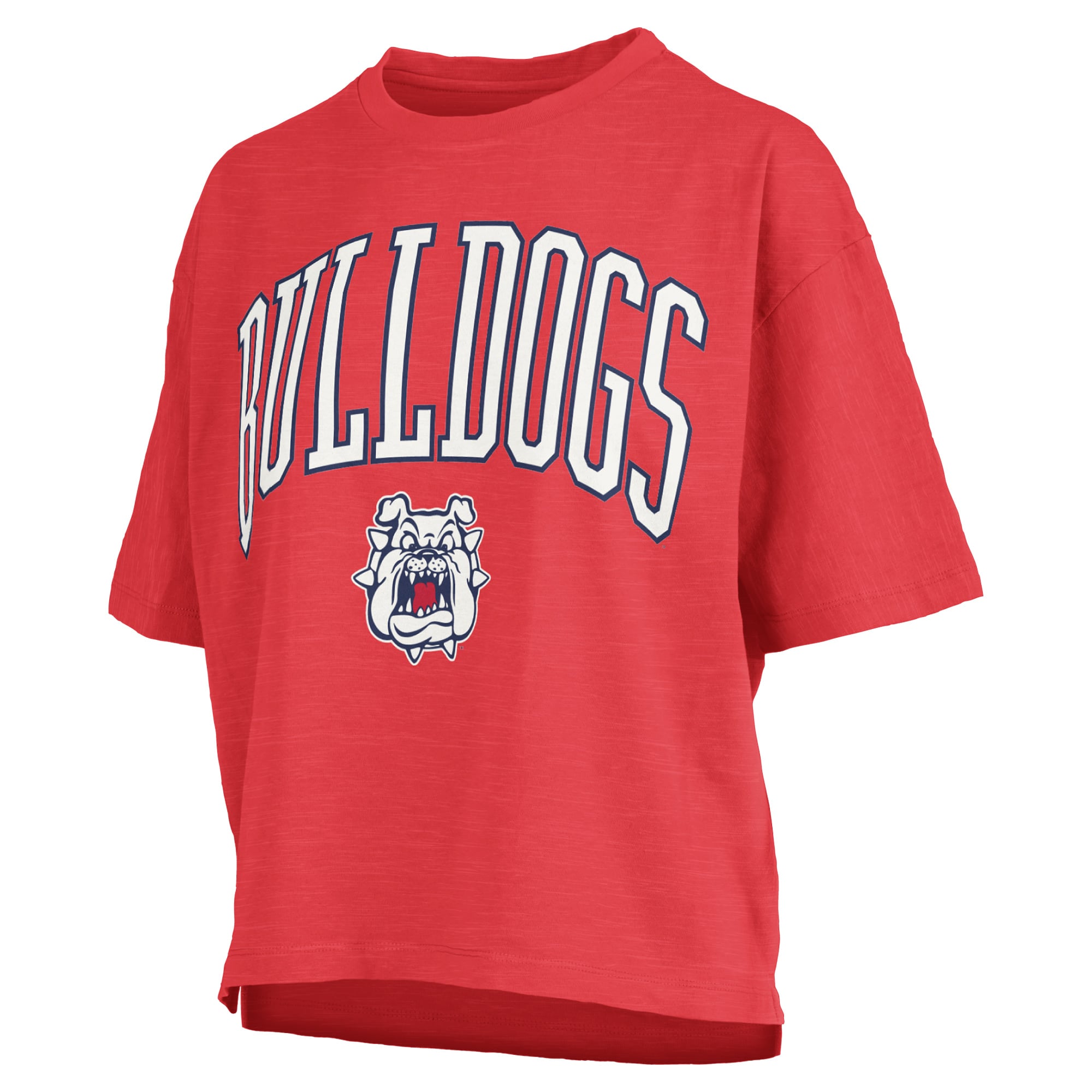 T-shirt oversize Pressbox Red Fresno State Bulldogs pour femmes, logo Nelson Arch Over, en tissu flammé.