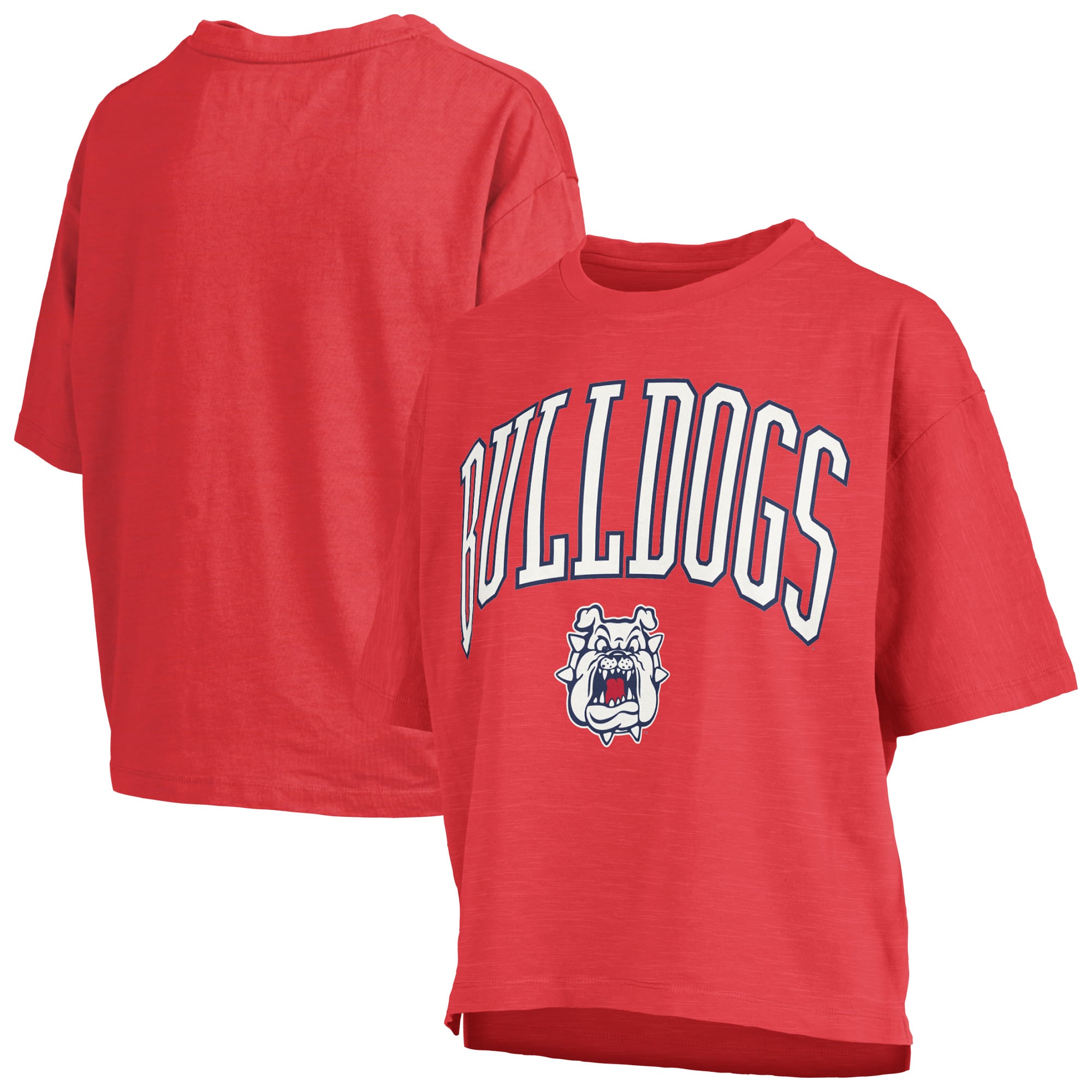 T-shirt oversize Pressbox Red Fresno State Bulldogs pour femmes, logo Nelson Arch Over, en tissu flammé.