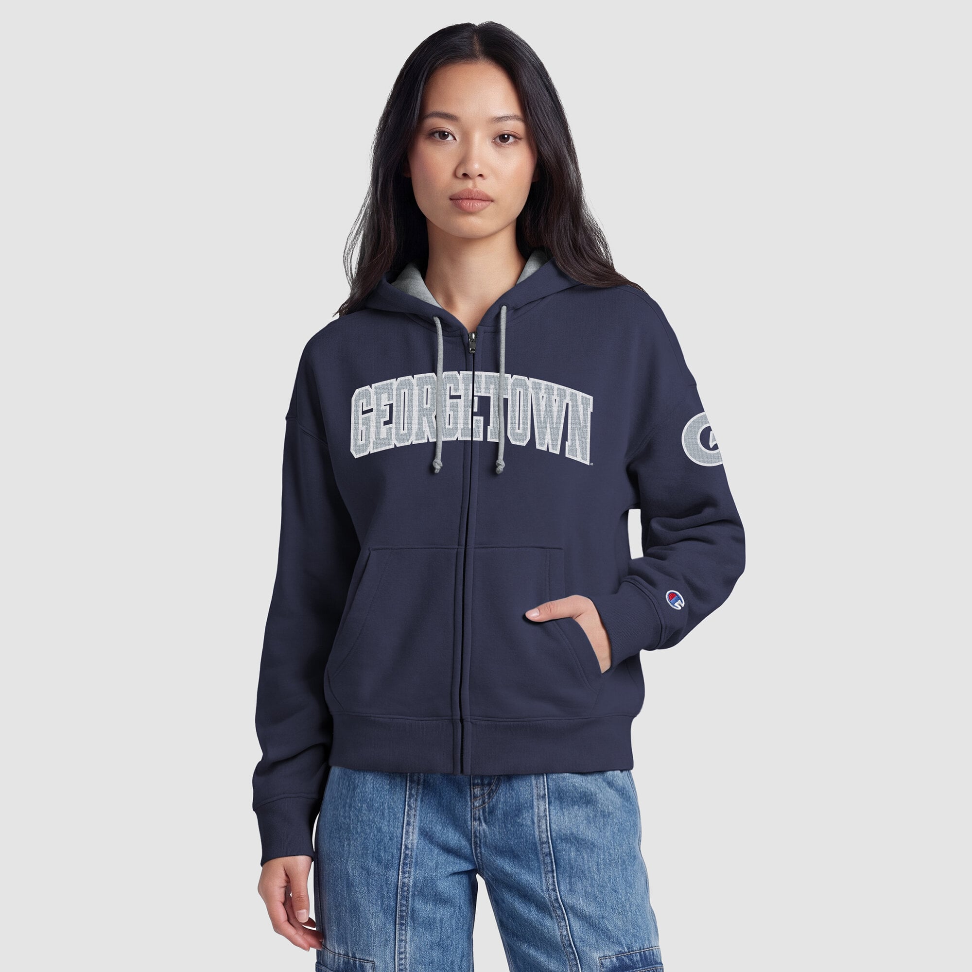 Sweat à capuche zippé en polaire Champion Navy Georgetown Hoyas Arch pour femme