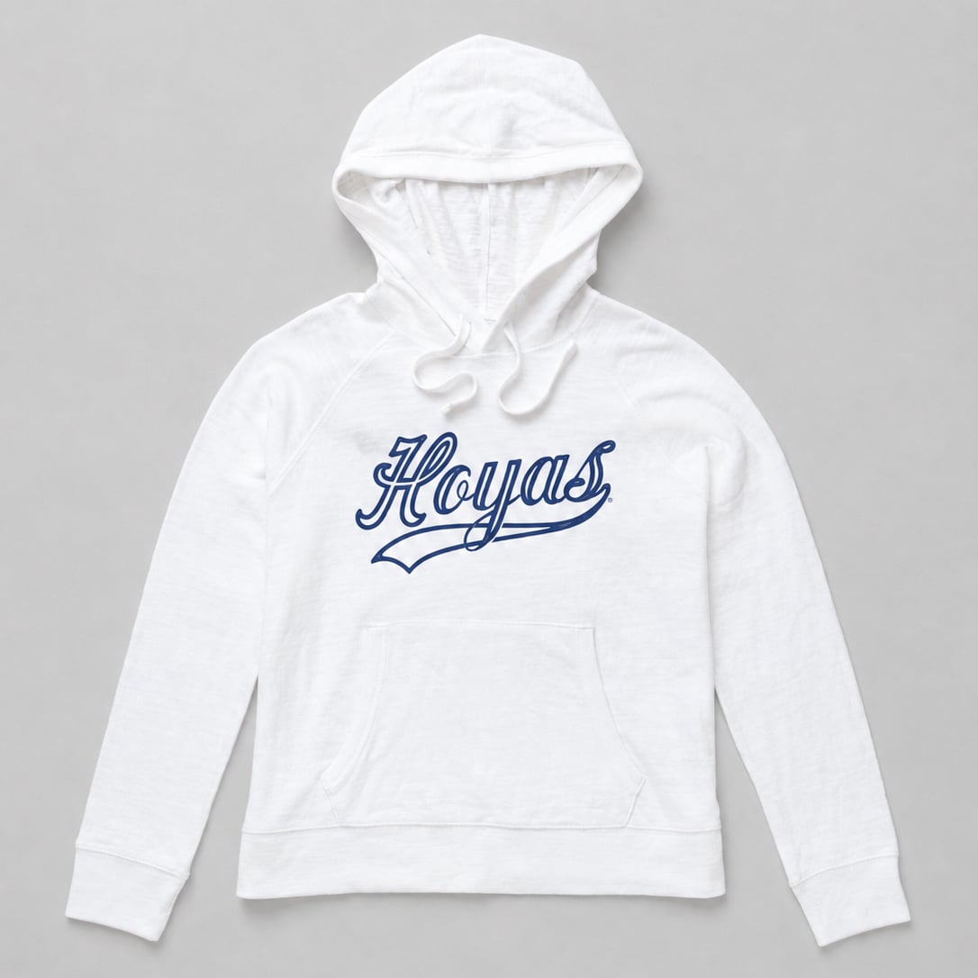 Sweat à capuche FAHERTY blanc pour femme, Georgetown Hoyas, en denim flammé délavé.