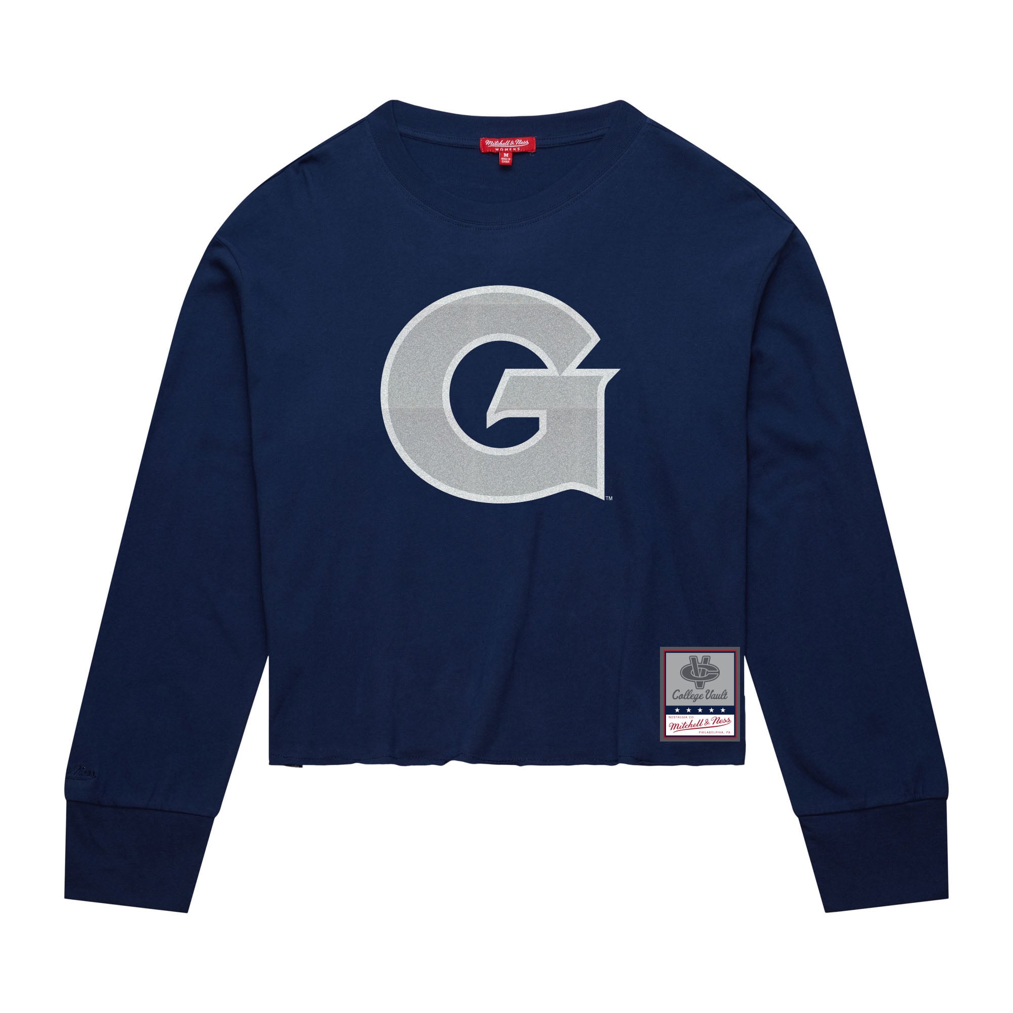 Womens Mitchell & Ness navy Georgetown Hoyas Glitter Logo Crop LS Tee