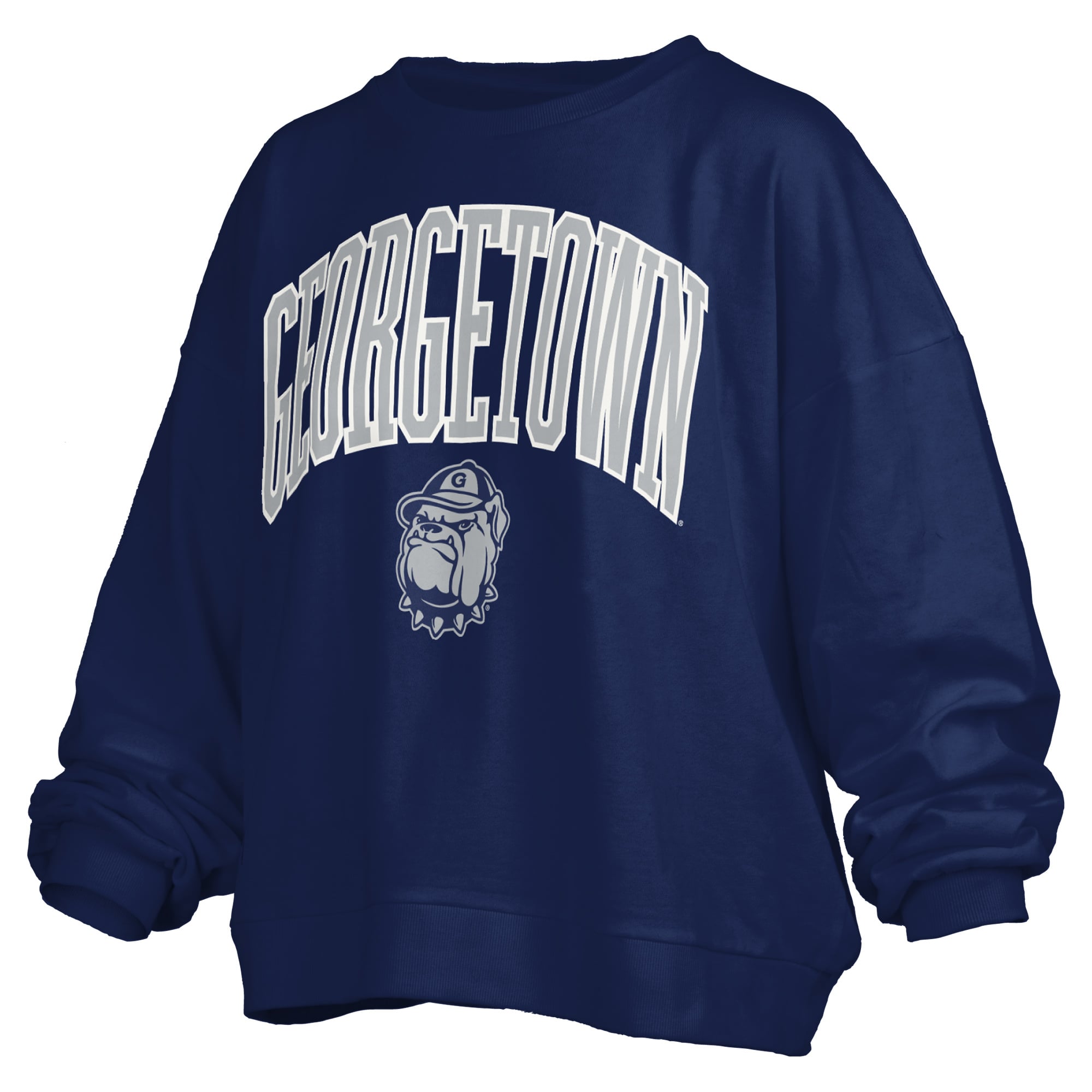 Women's Pressbox Navy Georgetown Hoyas Oversized Janise Arch Over Logo Fleece Sweatshirt