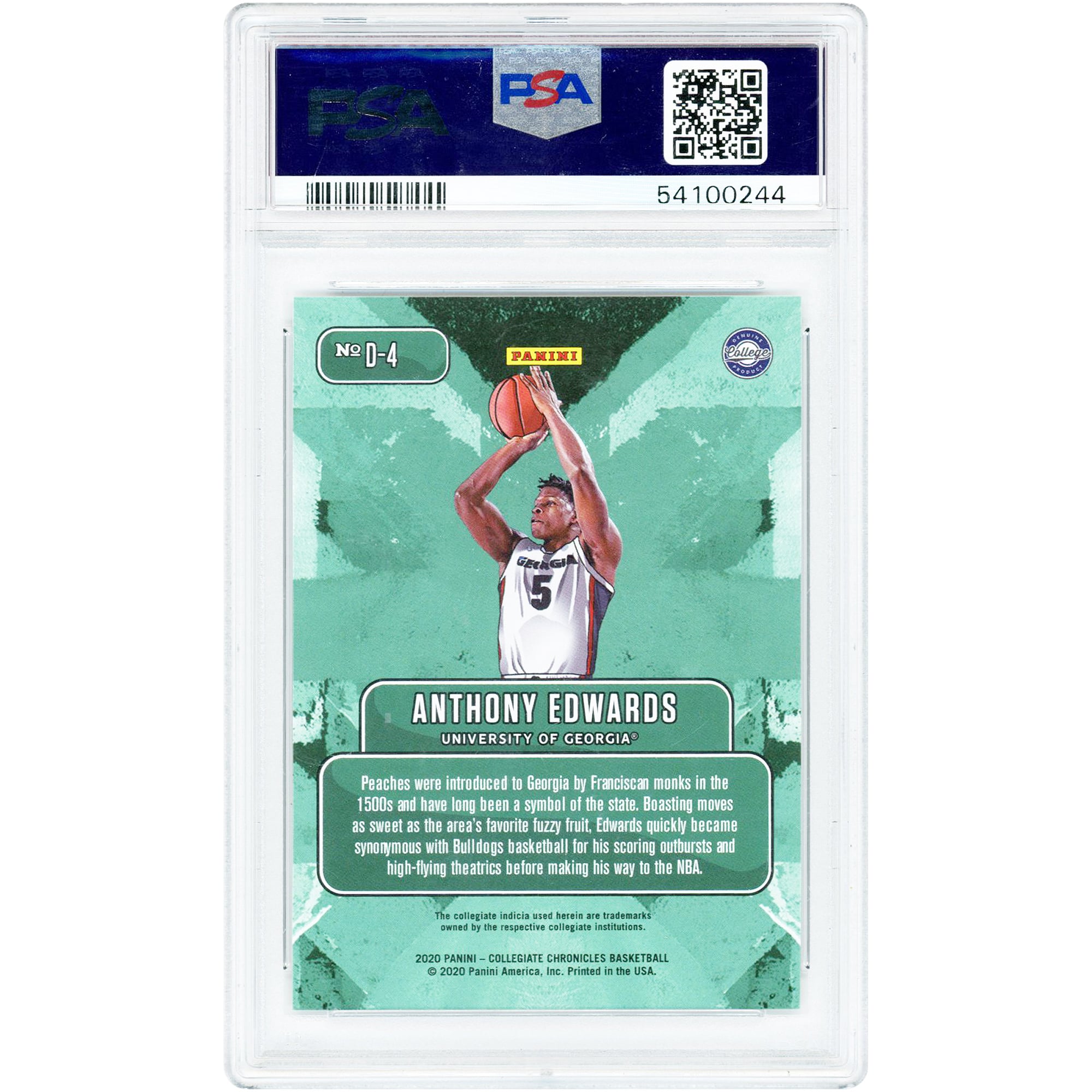 Carte Anthony Edwards Georgia Bulldogs 2020 Panini Prizm Draft Picks Downtown #D-4 authentifiée PSA 10