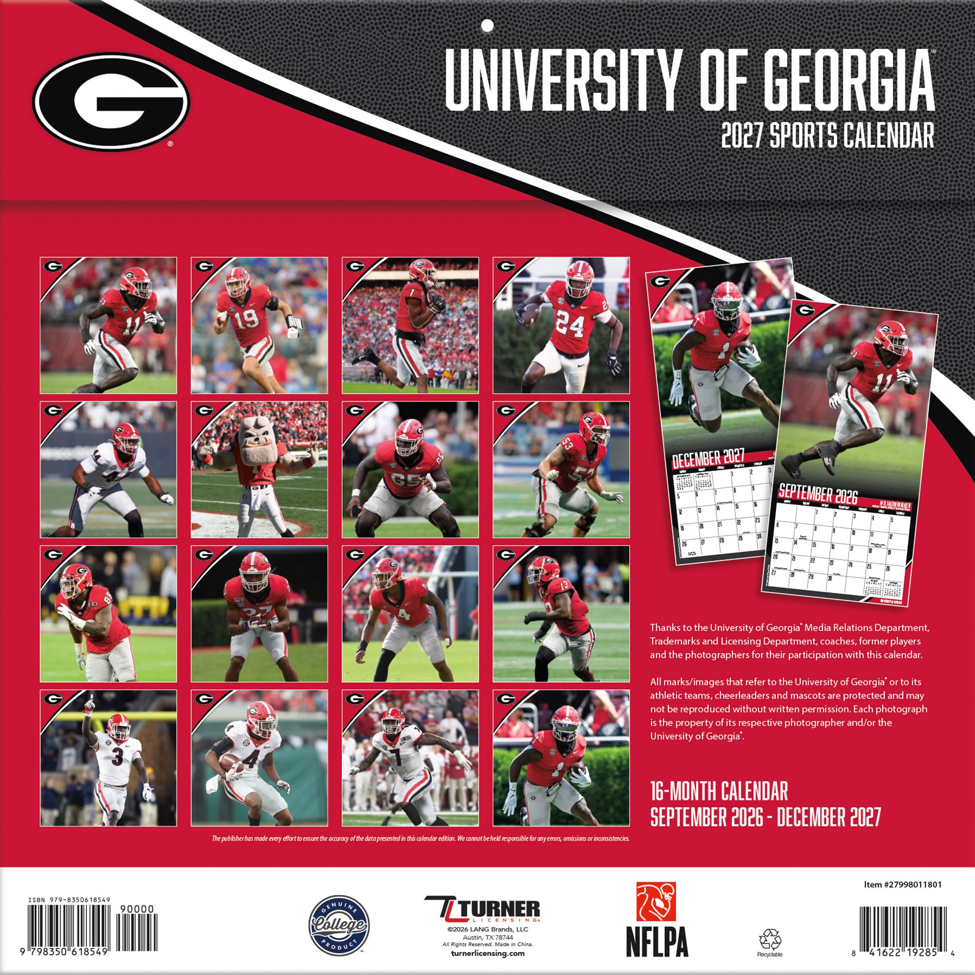 Georgia Bulldogs 2027 12” x 12” Team Wall Calendar