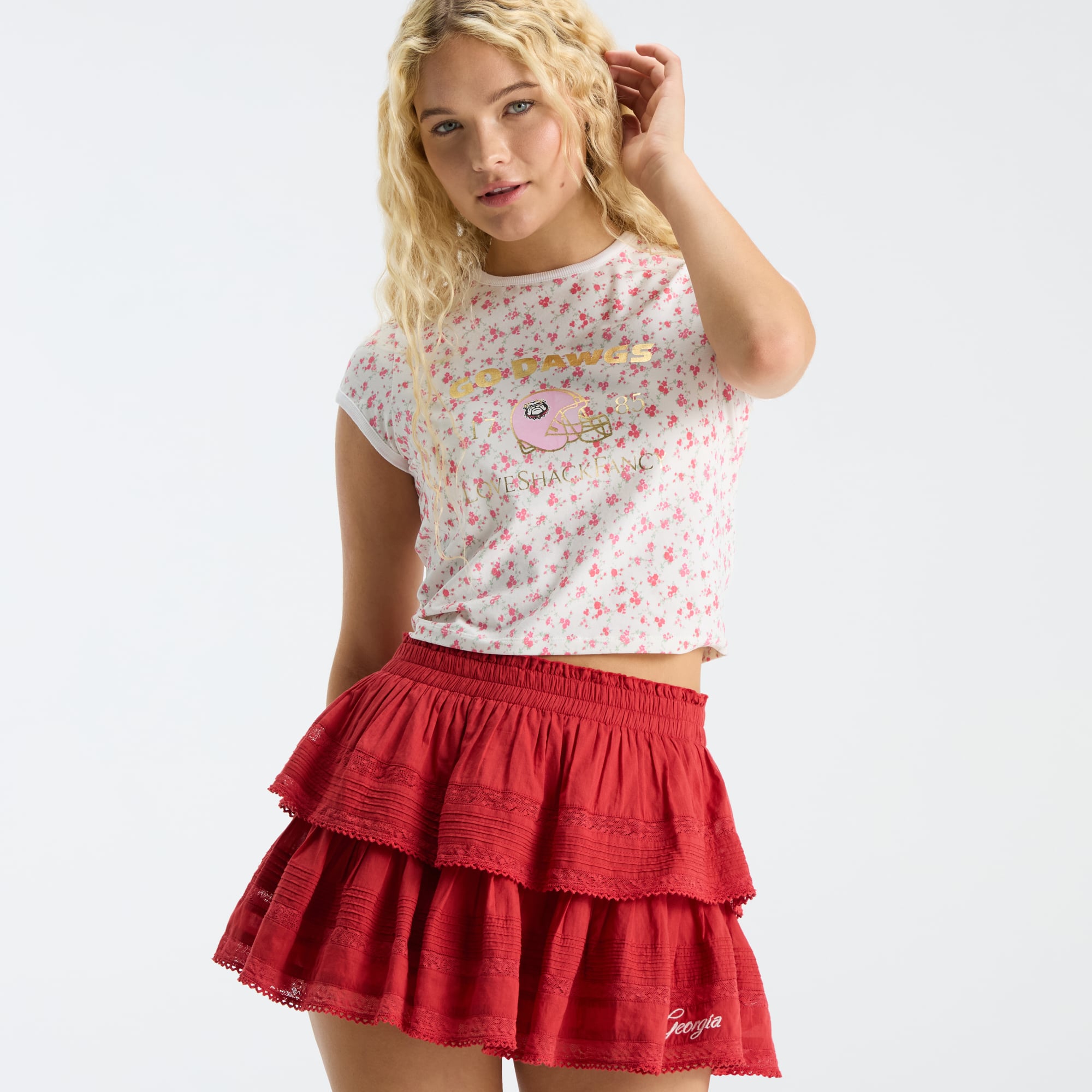 LoveShackFancy Women's Red Georgia Bulldogs Ruffle Mini Skirt