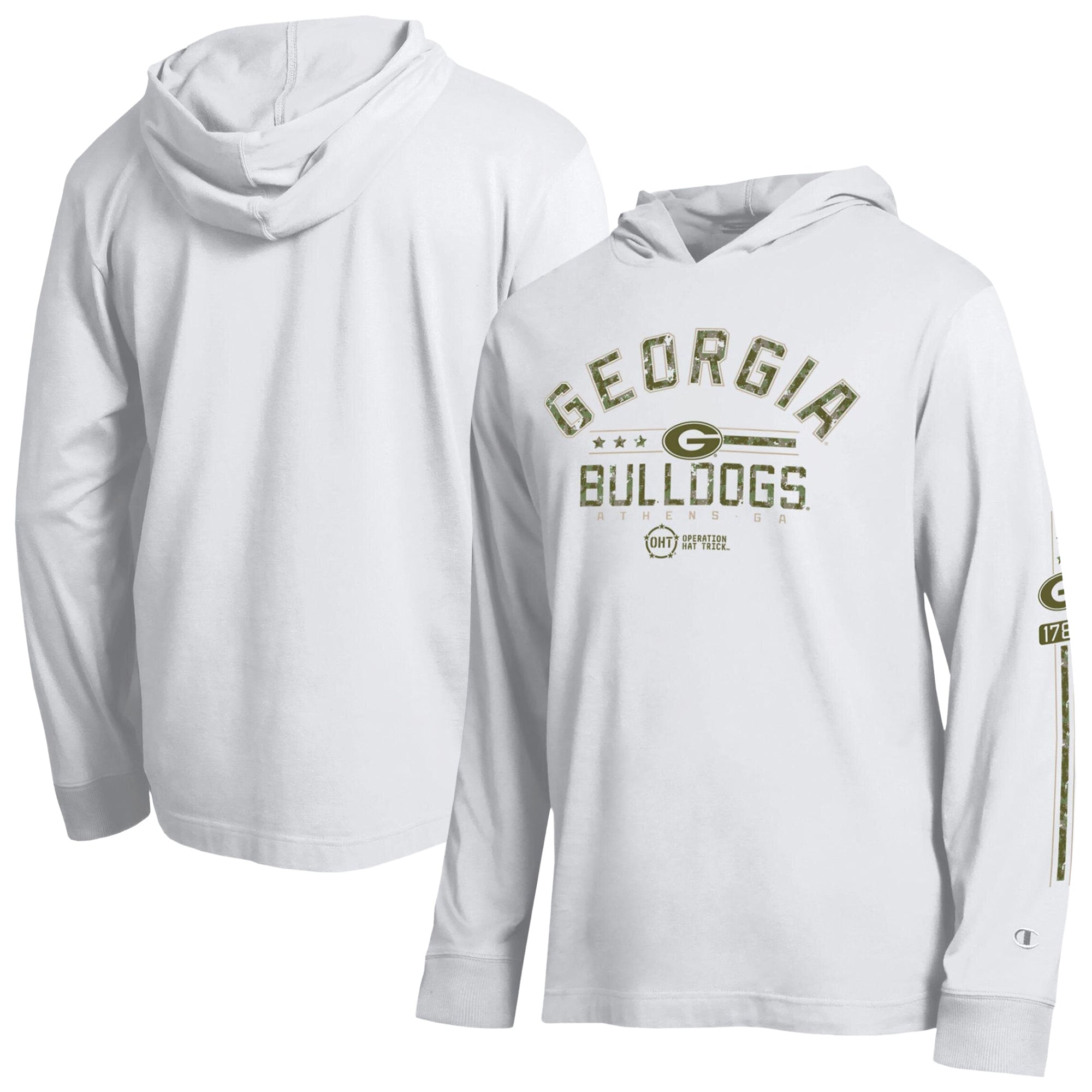 Men's Champion  White Georgia Bulldogs Operation Hat Trick Sleeve Line Hooded Long T-Shirt
