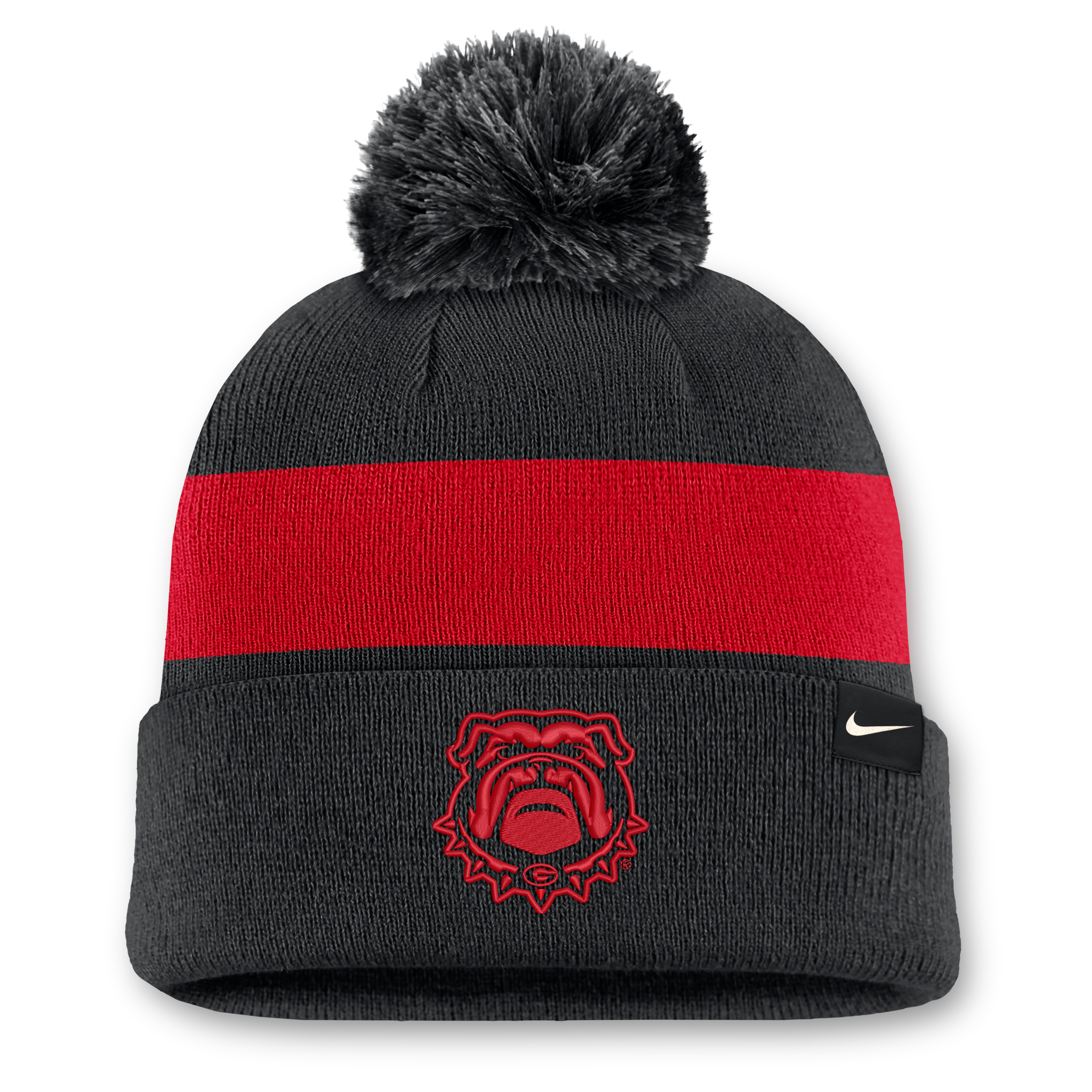 Bonnet unisexe Nike noir à rayures et revers, orné d'un pompon, à l'effigie des Georgia Bulldogs.