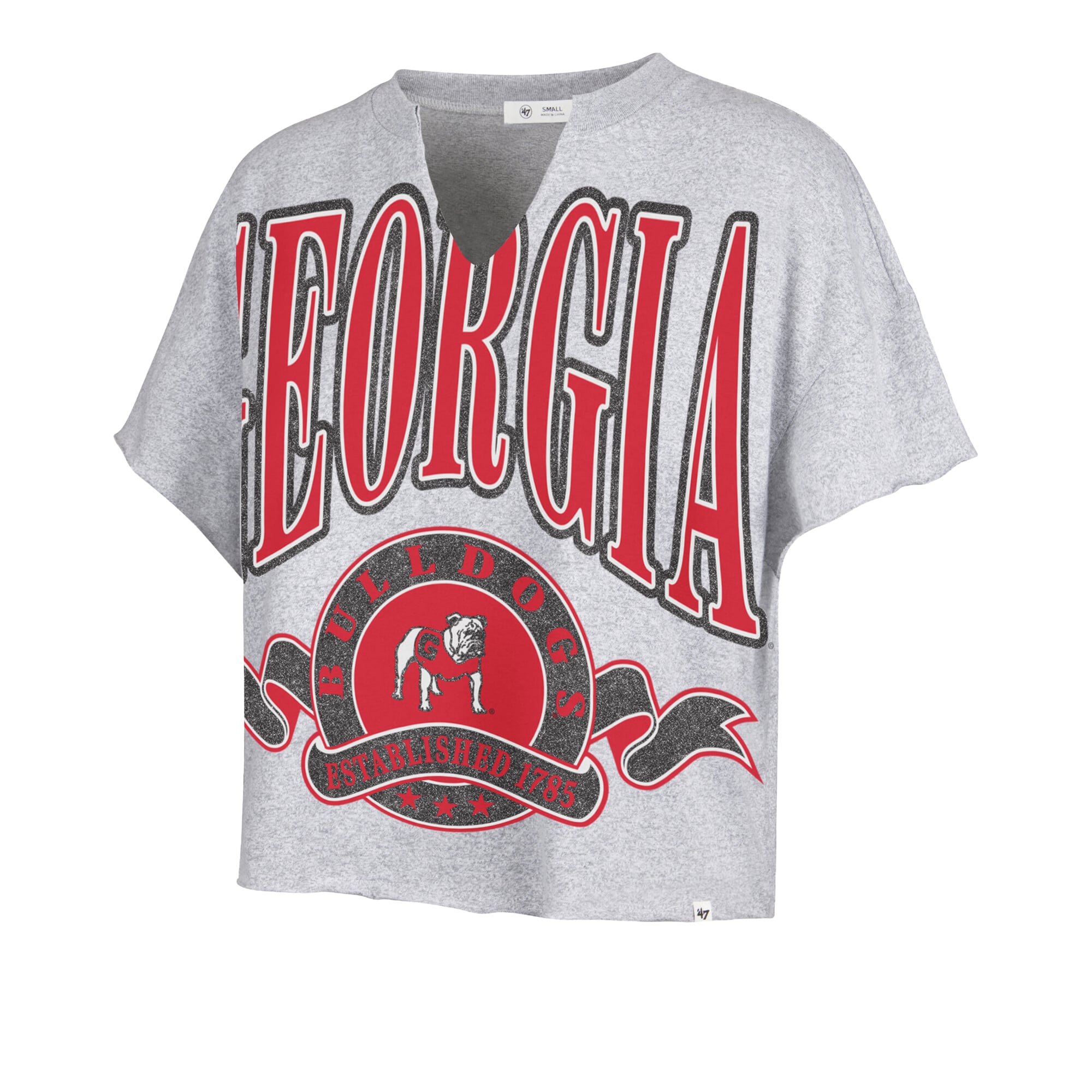 Women's '47 Gray Georgia Bulldogs Banners Out Oversized Notch-Neck T-Shirt