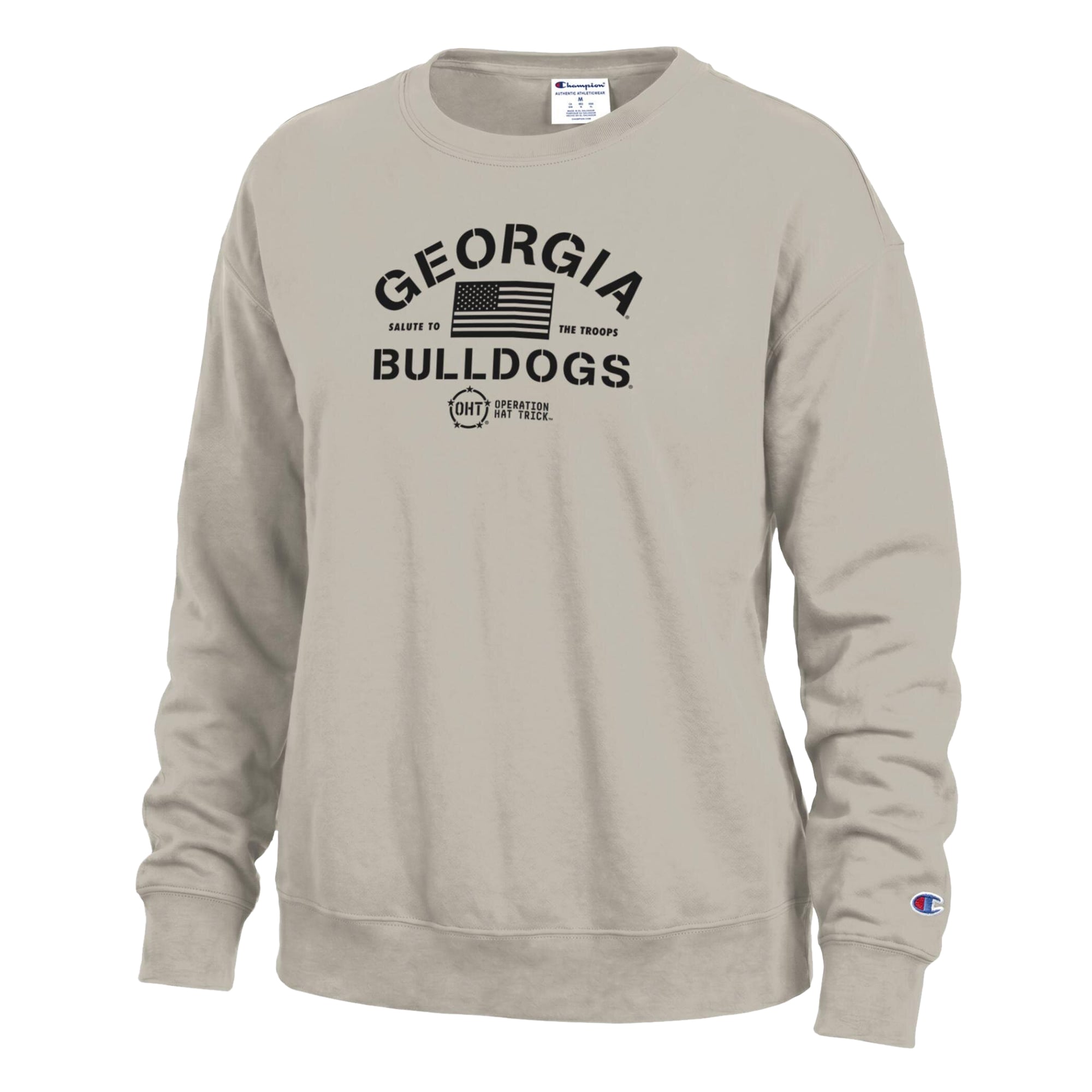 Sweat-shirt Champion Powerblend beige pour femmes, modèle Operation Hat Trick des Georgia Bulldogs.