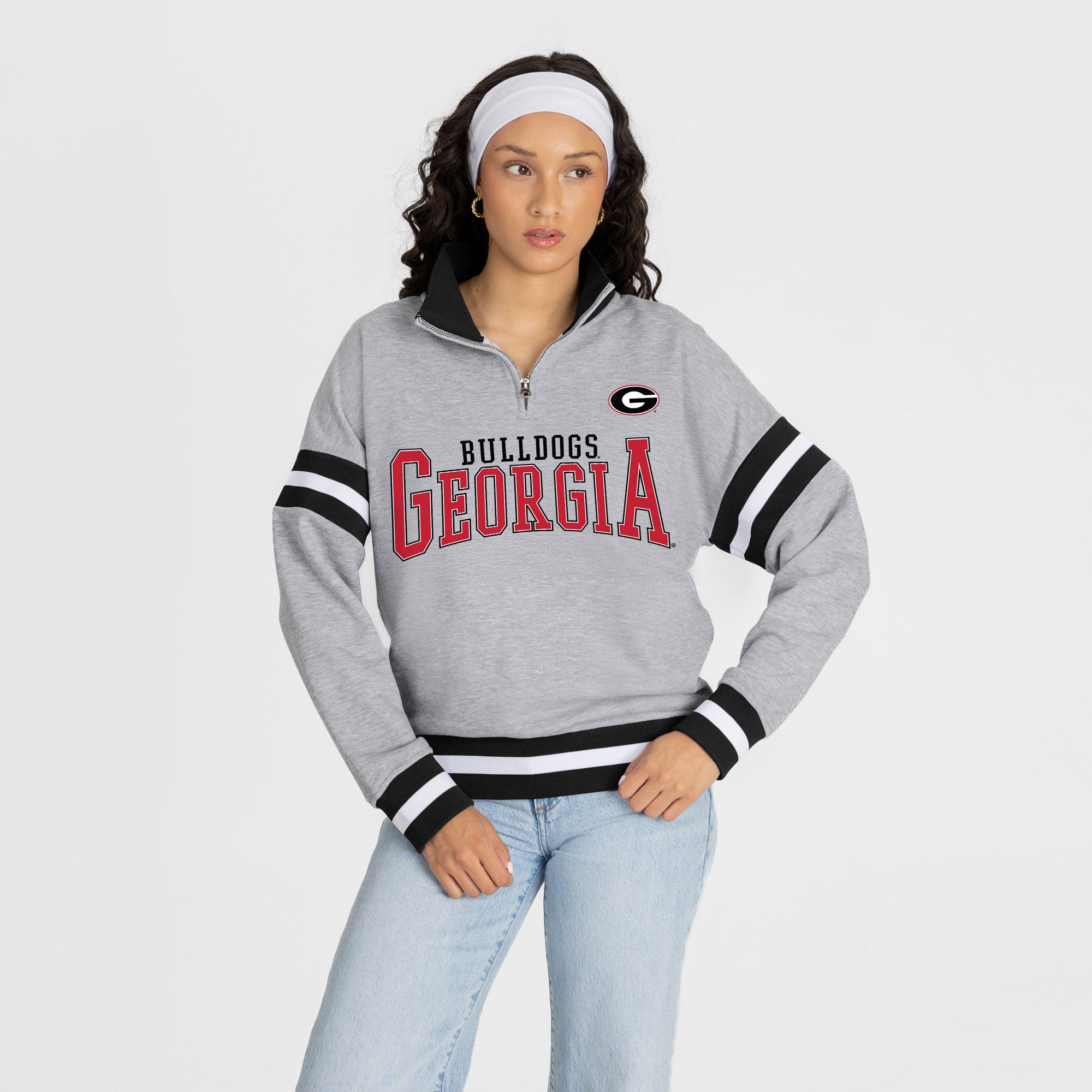 Pull à col zippé gris Georgia Bulldogs Hold the Line pour femme, collection Gameday Couture.