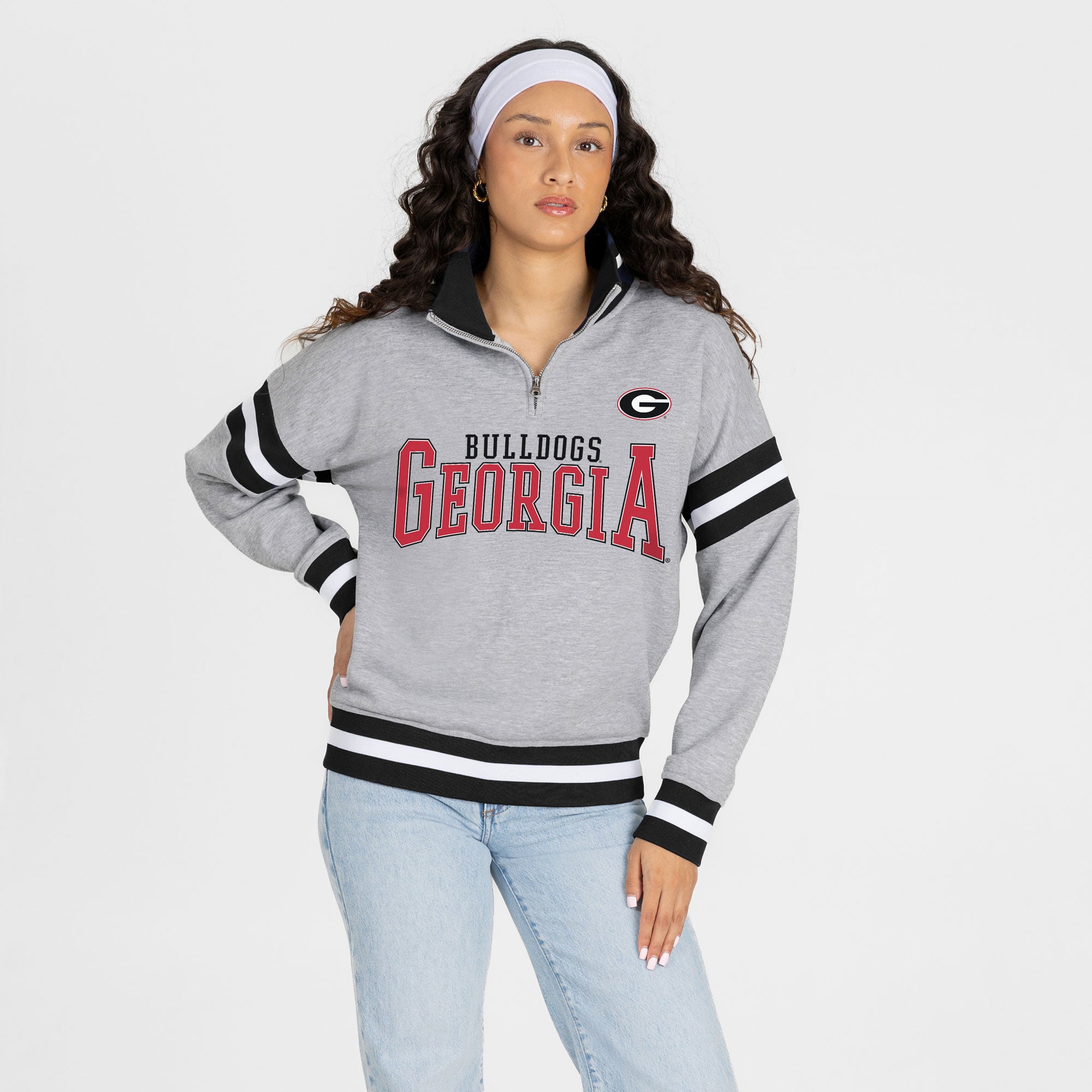 Pull à col zippé gris Georgia Bulldogs Hold the Line pour femme, collection Gameday Couture.