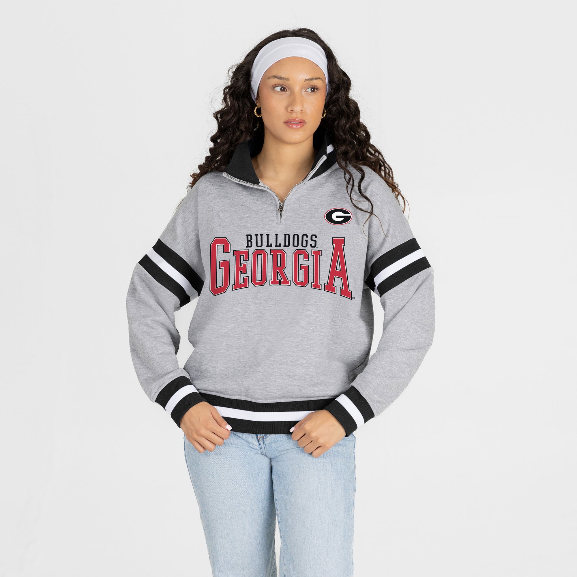 Pull à col zippé gris Georgia Bulldogs Hold the Line pour femme, collection Gameday Couture.
